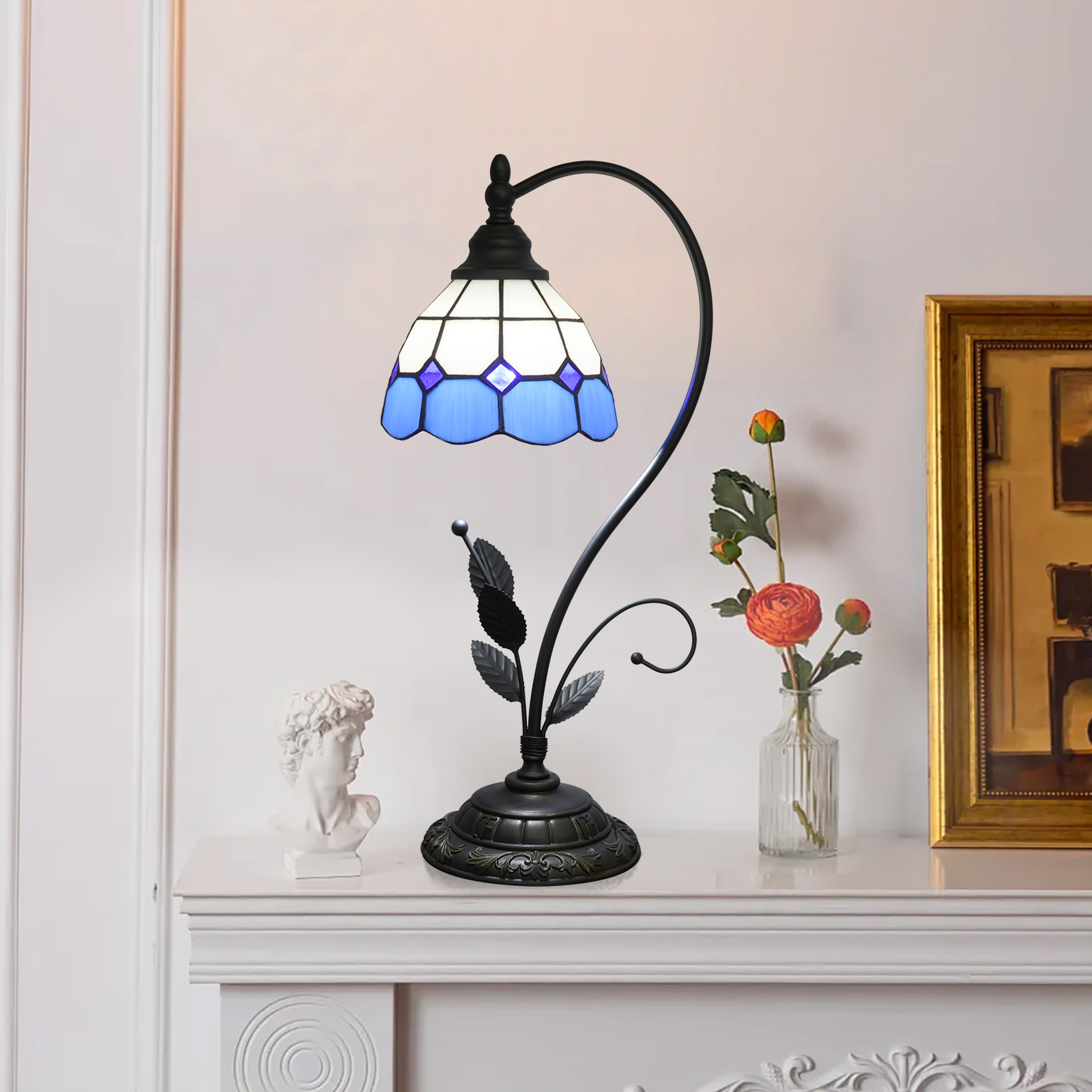 Blivuself Tiffany Lamp Stained Glass Lamp Bedside Lamp Adapter Restoring Ancient Ways Is Blue And White Squares Restoring Ancient Ways Such As Household Adornment Bedroom Dorm Study Restaurant Classical Art (6 Inch OFU1345)