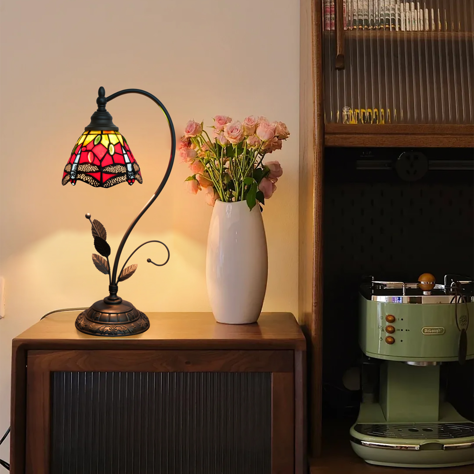 Blivuself Tiffany Lamp Stained Glass Lamp Red Dragonfly Restoring Ancient Ways Is The Head Of A Bed Lamp Adapter Restoring Ancient Ways Such As Household Adornment Bedroom Dorm Study Restaurant Classical Art (6 Inch OFU1347)