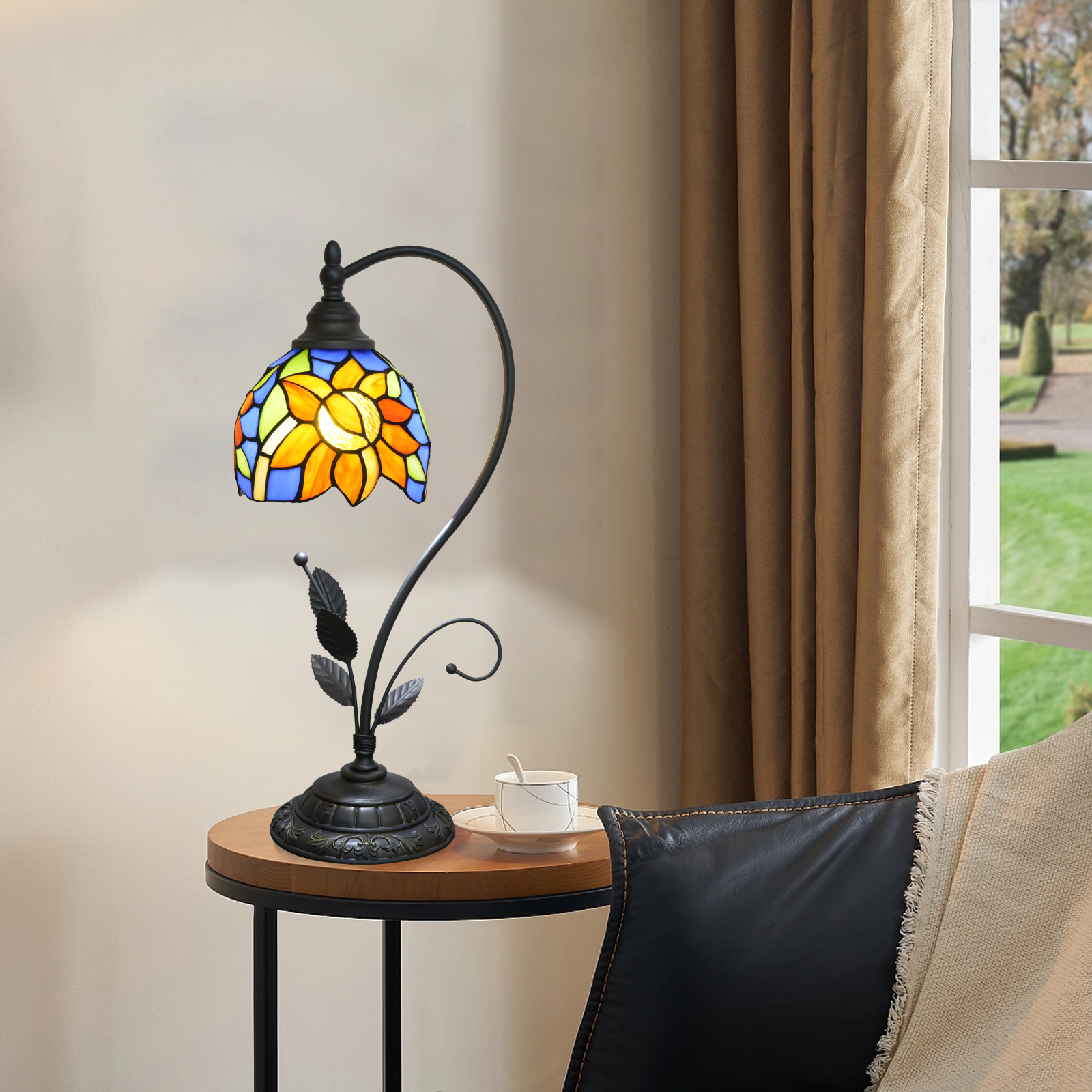 Blivuself Tiffany Table Lamp Stained Glass Lamp Blue Sunflower Retro Bedside Lamp Bedroom Dormitory Study Dining Room And Other Retro Home Decoration Classical Artwork (6 Inch OFU1348)