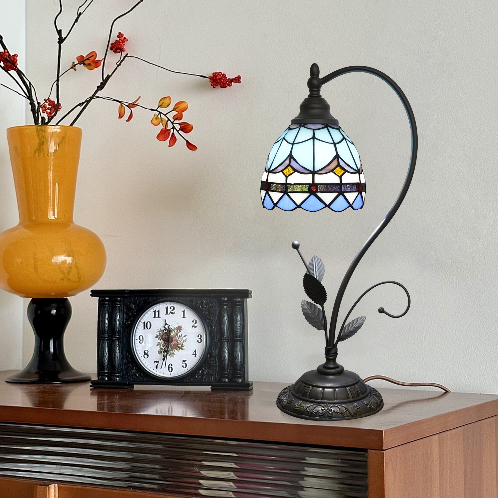 Blivuself Tiffany Lamp Stained Glass Lamp Blue Feather - Mediterranean Restoring Ancient Ways Is The Head Of A Bed Lamp Adapter Restoring Ancient Ways Such As Household Adornment Bedroom Dorm Study Restaurant Classical Art (6 Inch OFU1349)