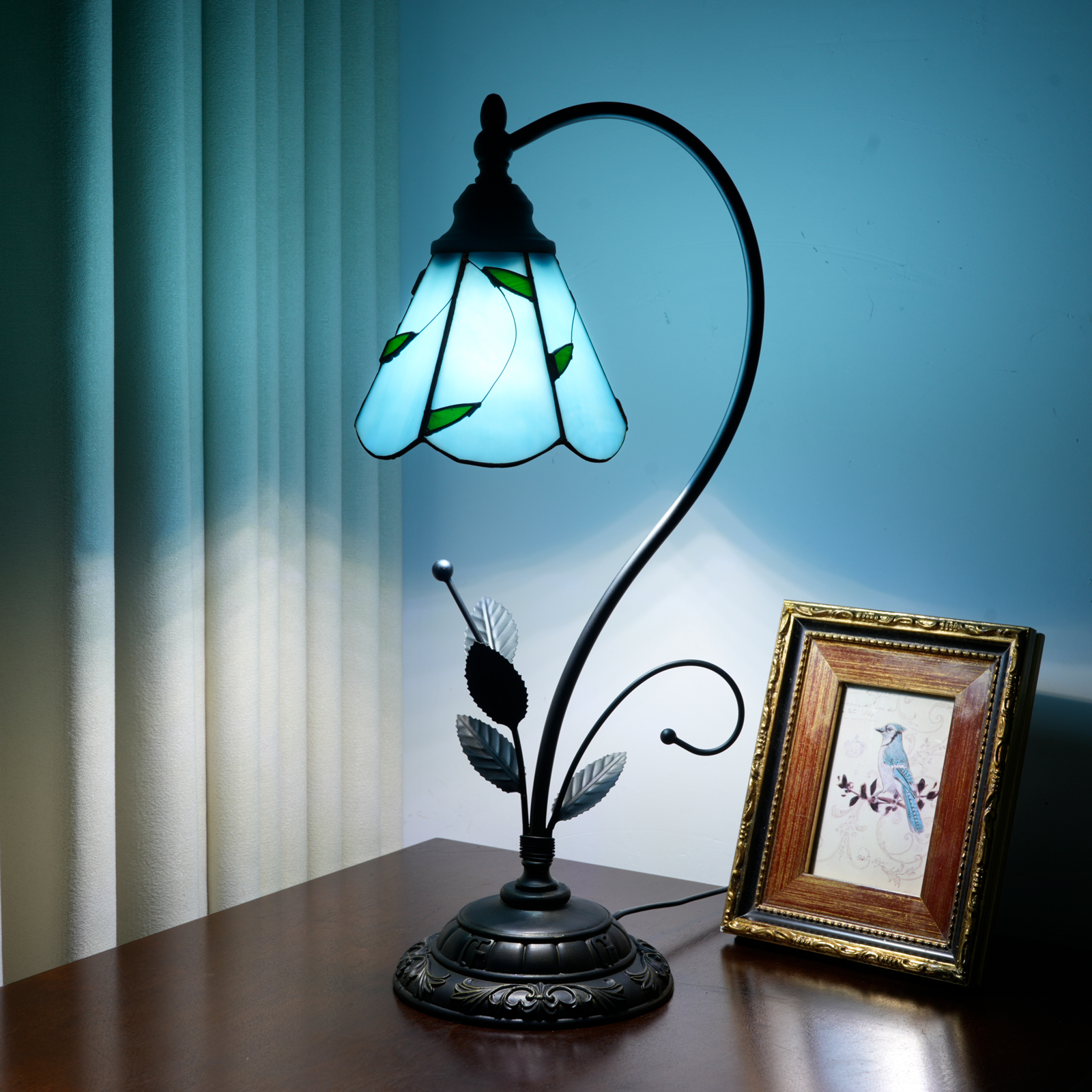 Blivuself Tiffany Table Lamp Stained Glass Lamp Blue Leaf Retro Bedside Lamp Compatible Bedroom Dormitory Study Dining Room And Other Retro Home Decoration Classical Art (6 Inch OFU1351)