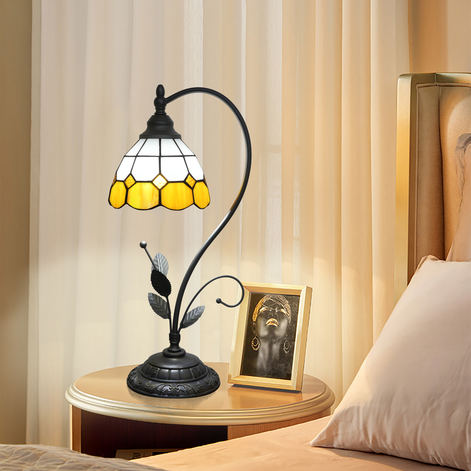 Blivuself Tiffany Table Lamp Stained Glass Lamp Yellow And White Plaid Retro Bedside Lamp Bedroom Dormitory Study Dining Room And Other Retro Home Decoration Classical Artwork (6 Inch OFU1352)