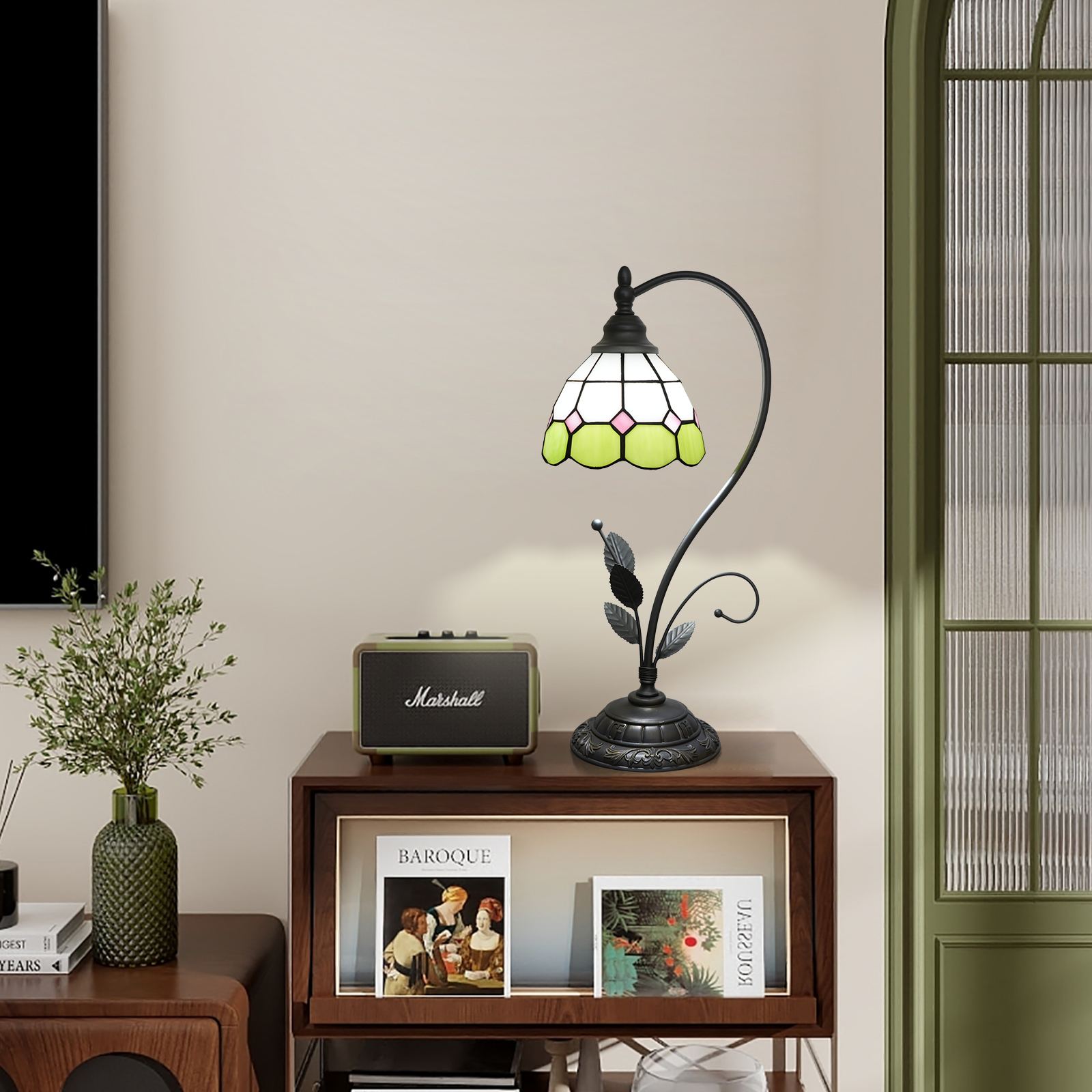 Blivuself Tiffany Table Lamp Stained Glass Lamp Green And White Plaid Retro Bedside Lamp Bedroom Dormitory Study Dining Room And Other Retro Home Decoration Classical Artwork (6 Inch OFU1353)