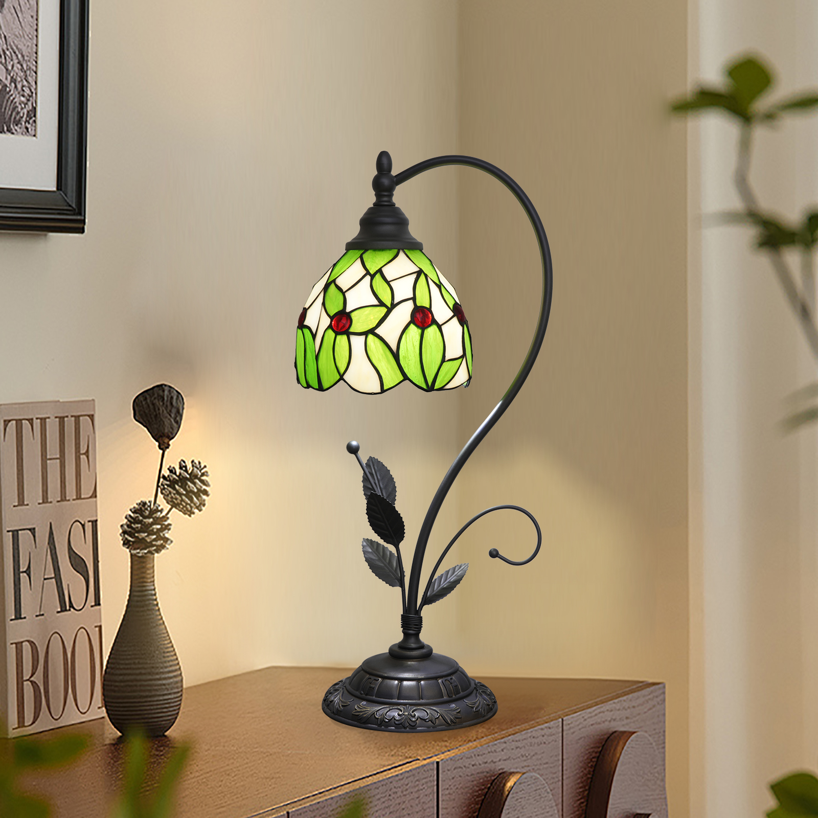 Blivuself Tiffany Lamp Stained Glass Lamp Green Leaves Red Beads Restoring Ancient Ways Is The Head Of A Bed Lamp Adapter Restoring Ancient Ways Such As Household Adornment Bedroom Dorm Study Restaurant Classical Art (6 Inch OFU1354)