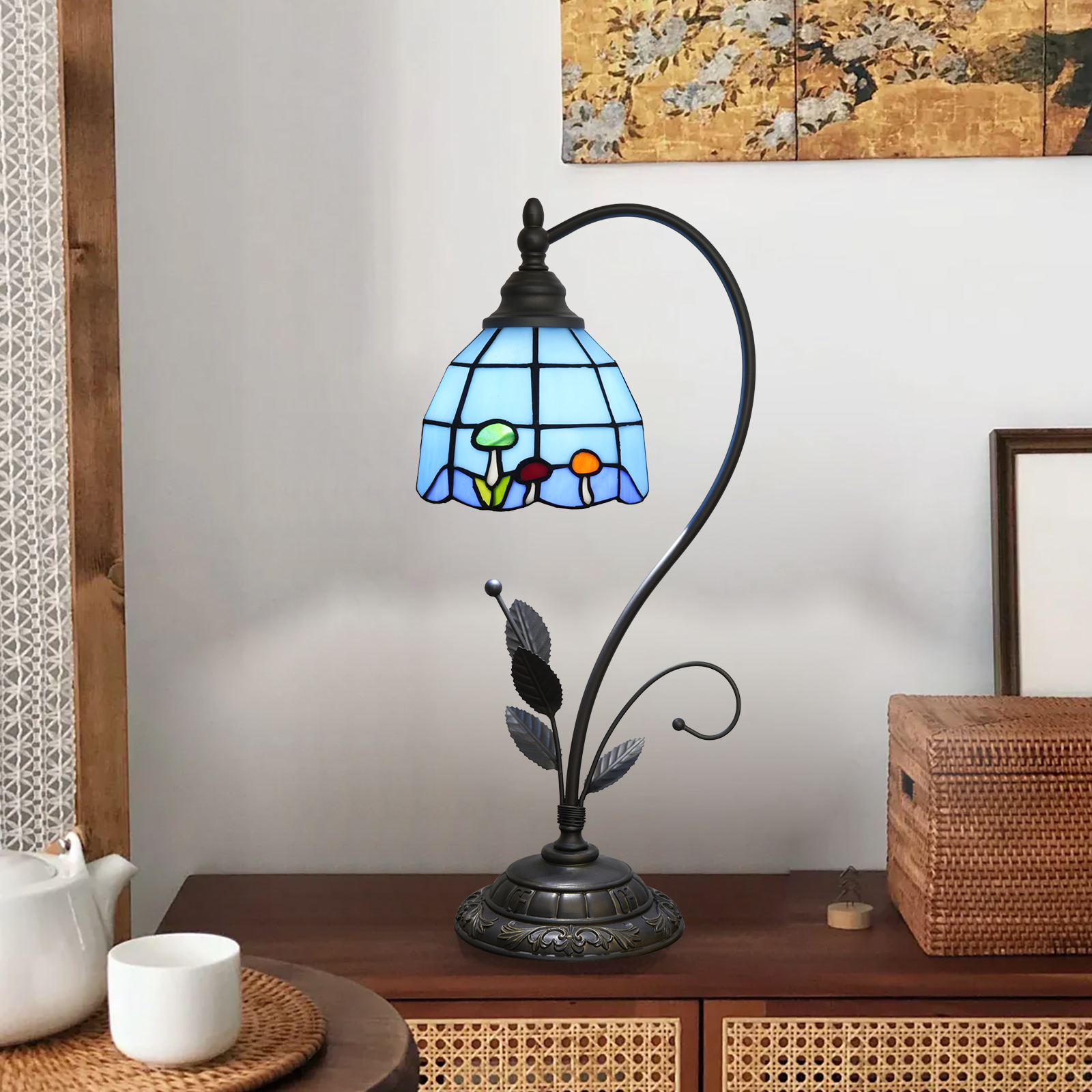 Blivuself Tiffany Table Lamp Stained Glass Lamp Blue Mushroom Retro Bedside Lamp Bedroom Dormitory Study Dining Room And Other Retro Home Decoration Classical Art (6 Inch OFU1361)