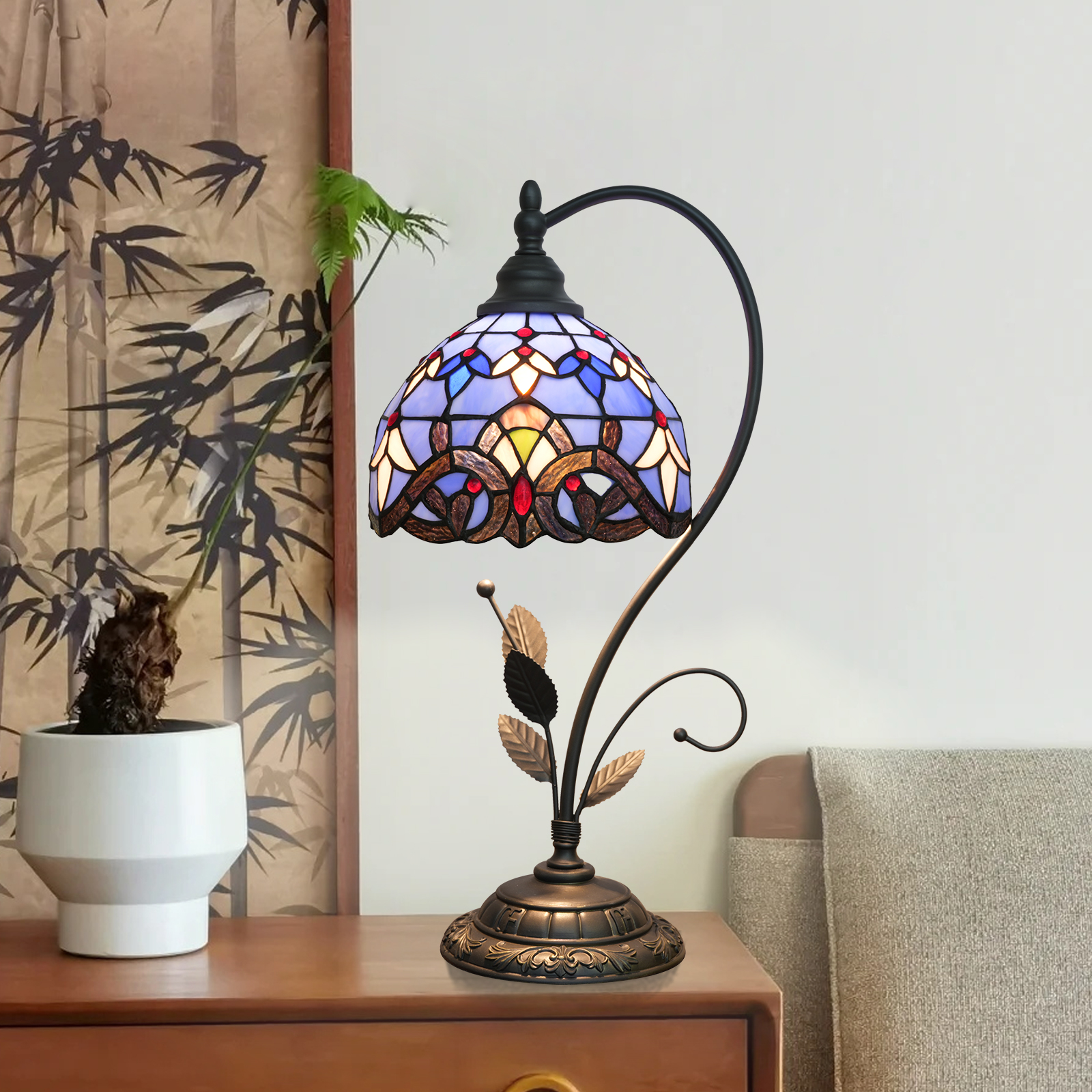 Blivuself Tiffany Table Lamp Stained Glass Lamp Blue Baroque Retro Bedside Lamp Bedroom Dormitory Study Dining Room Vintage Home Decoration Classical Art (8 Inch OFU1362)