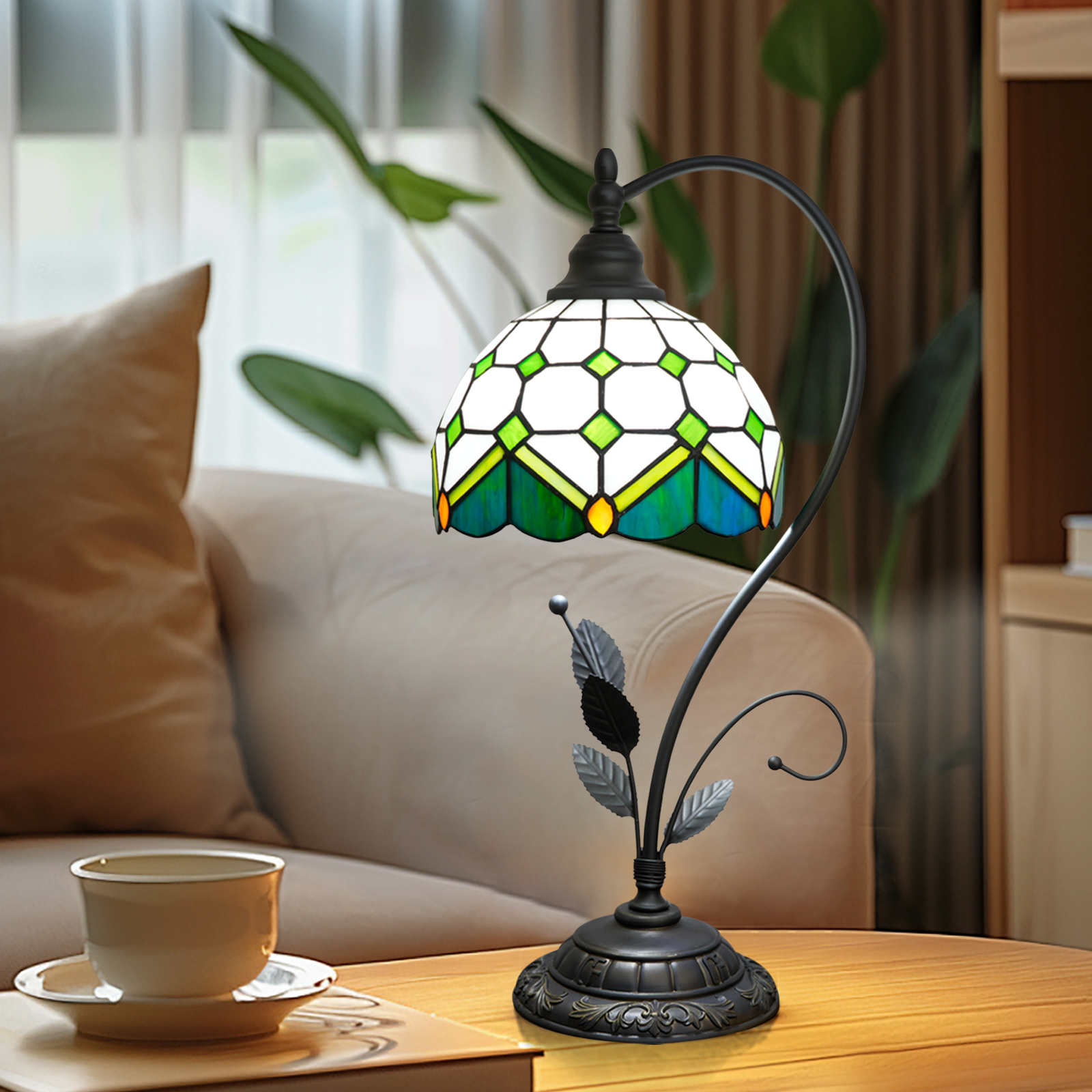Blivuself Tiffany Table Lamp Stained Glass Lamp Green Star Vintage Bedside Lamp Bedroom Dormitory Study Dining Room And Other Vintage Home Decoration Classical Art (8 Inch OFU1366)