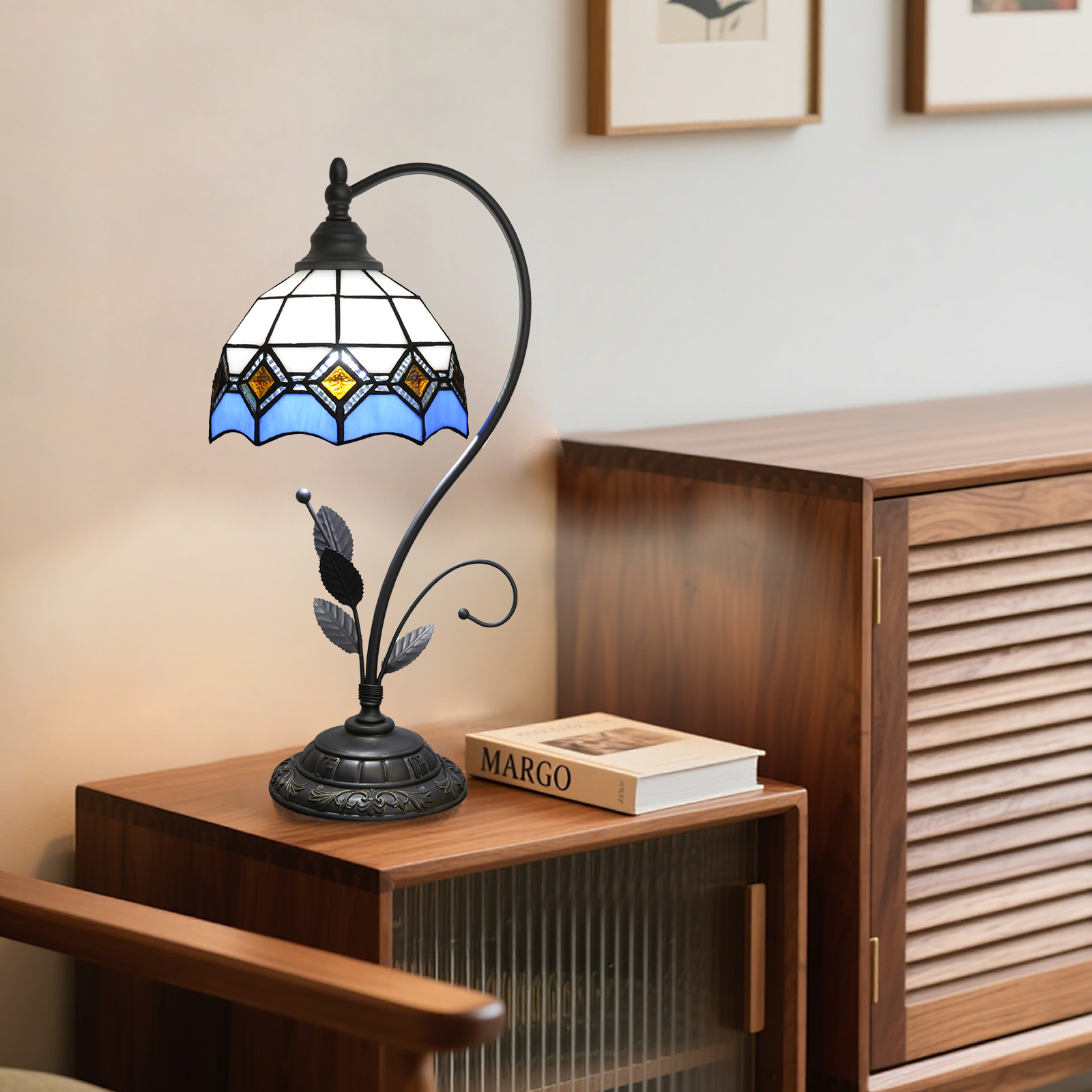 Blivuself Tiffany Table Lamp Stained Glass Lamp Blue Circle Square Retro Bedside Lamp Bedroom Dormitory Study Dining Room And Other Retro Home Decoration Classical Art (8 Inch OFU1367)