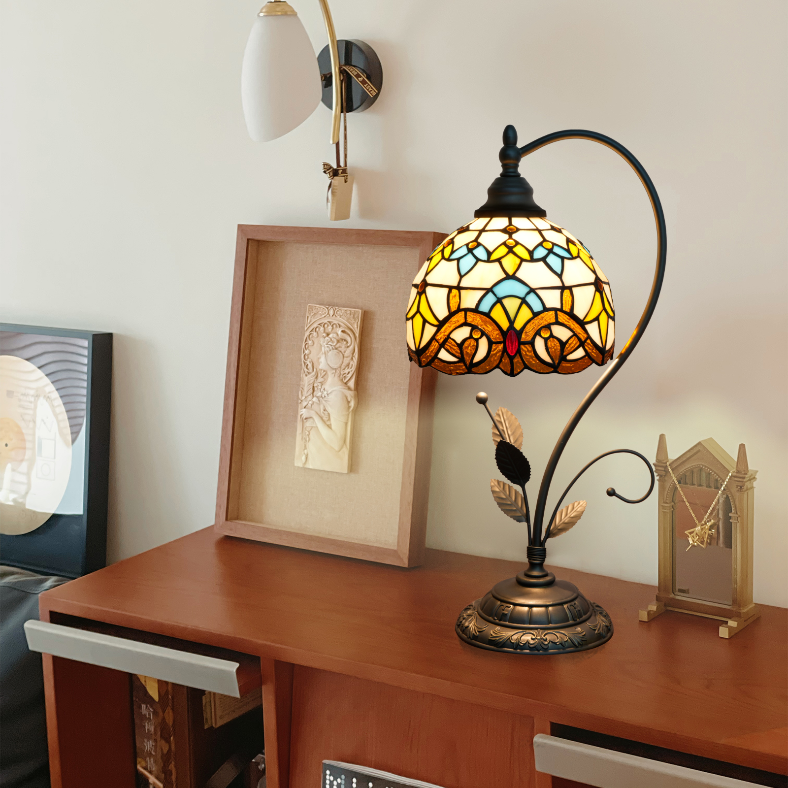 Blivuself Tiffany Lamp Light Yellow Stained Glass Baroque Restoring Ancient Ways Is The Head Of A Bed Lamp Restaurant Bedroom Dorm Study Classical Art Restoring Ancient Ways Such As Home Outfit OFU1369 (8 Inches)