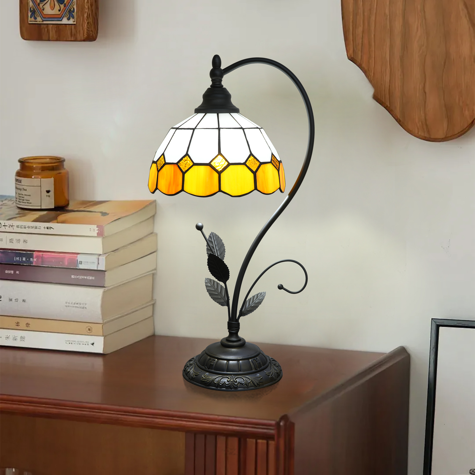 Blivuself Tiffany Table Lamp Stained Glass Lamp Yellow And White Lattice Retro Bedside Lamp Bedroom Dormitory Study Dining Room Retro Home Decoration Classical Art (8 Inch OFU1370)