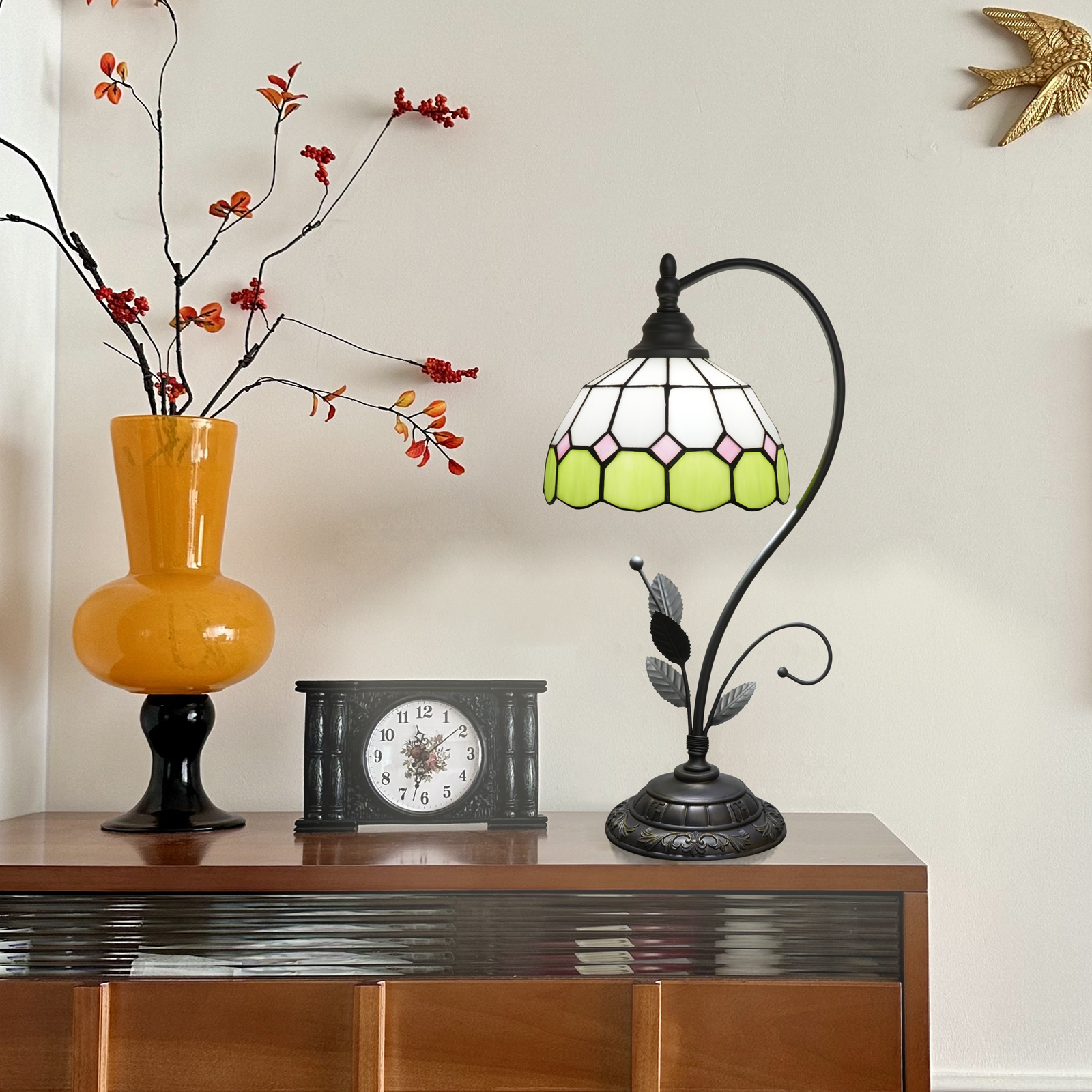 Blivuself Tiffany Table Lamp Stained Glass Lamp Green White Lattice Retro Bedside Lamp Bedroom Dormitory Study Dining Room Retro Home Decoration Classical Art (8 Inch OFU1371)