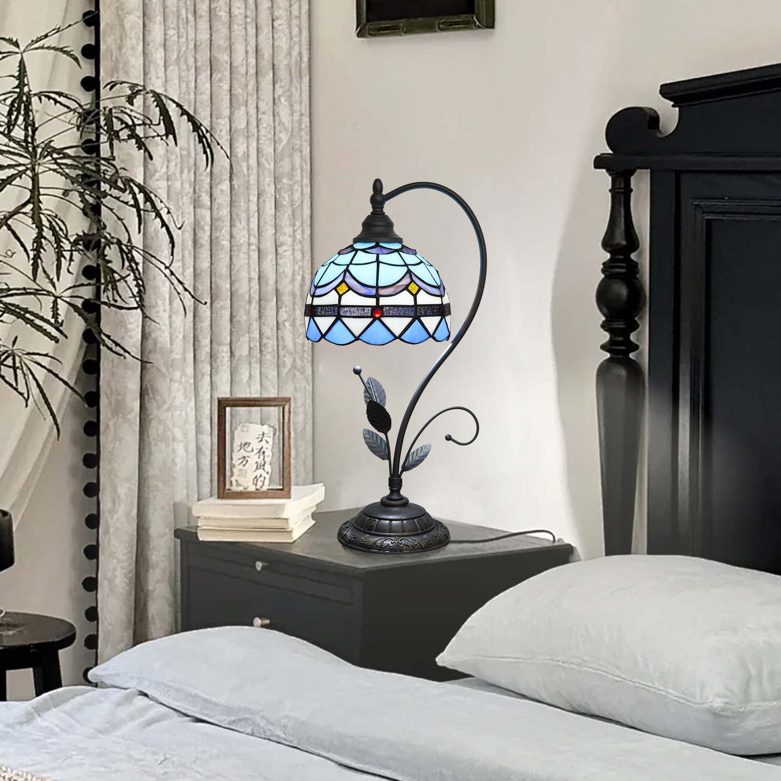 Blivuself Tiffany Lamp Stained Glass Lamp Blue Feather 8 Inch Retro Bedside Lamp Restaurant Bedroom Dorm Study Classical Art Restoring Ancient Ways Such As Home Outfit (Mediterranean Ofu1372)
