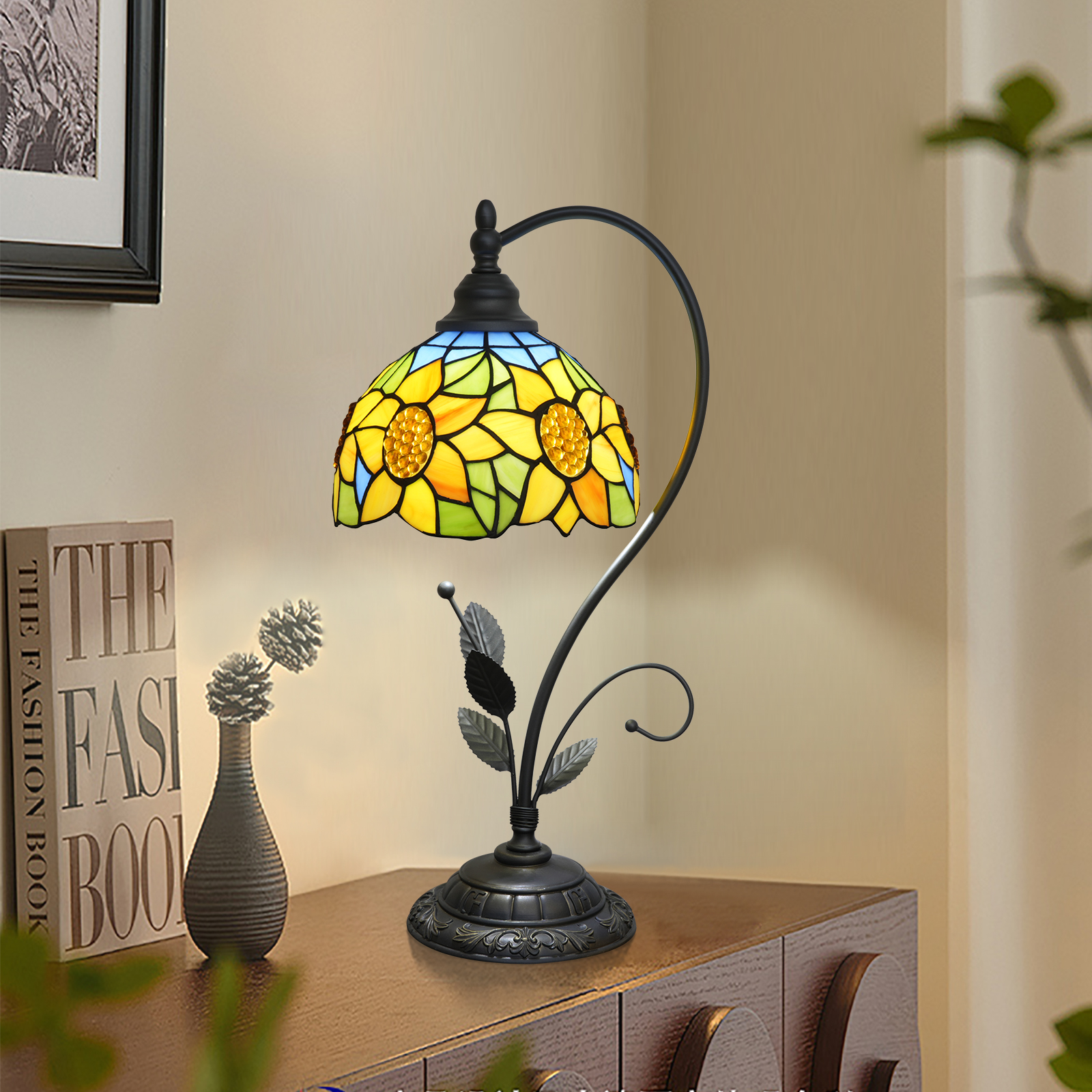 Blivuself Tiffany Lamp Stained Glass Bead Light Blue Board Blue Sunflower 8 Inch Retro Bedside Lamp Restaurant Bedroom Dorm Study Classical Art Restoring Ancient Ways Such As Home Outfit (OFU1373)