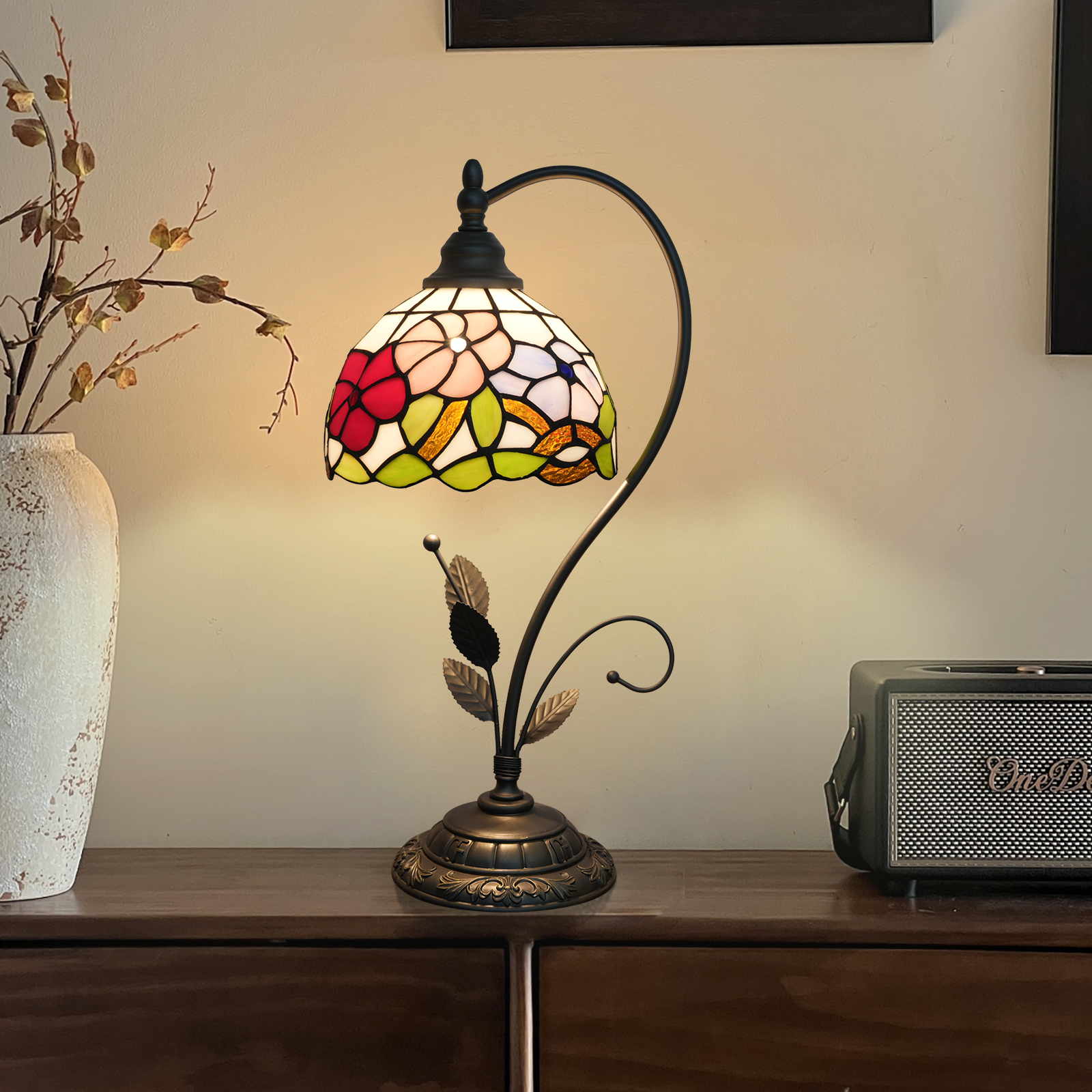 Blivuself Tiffany Table Lamp Stained Glass Lamp Morning Glory 8 Inch Retro Bedside Lamp Bedroom Dormitory Study Restaurant And Other Retro Home Decoration Classical Art (OFU1374)