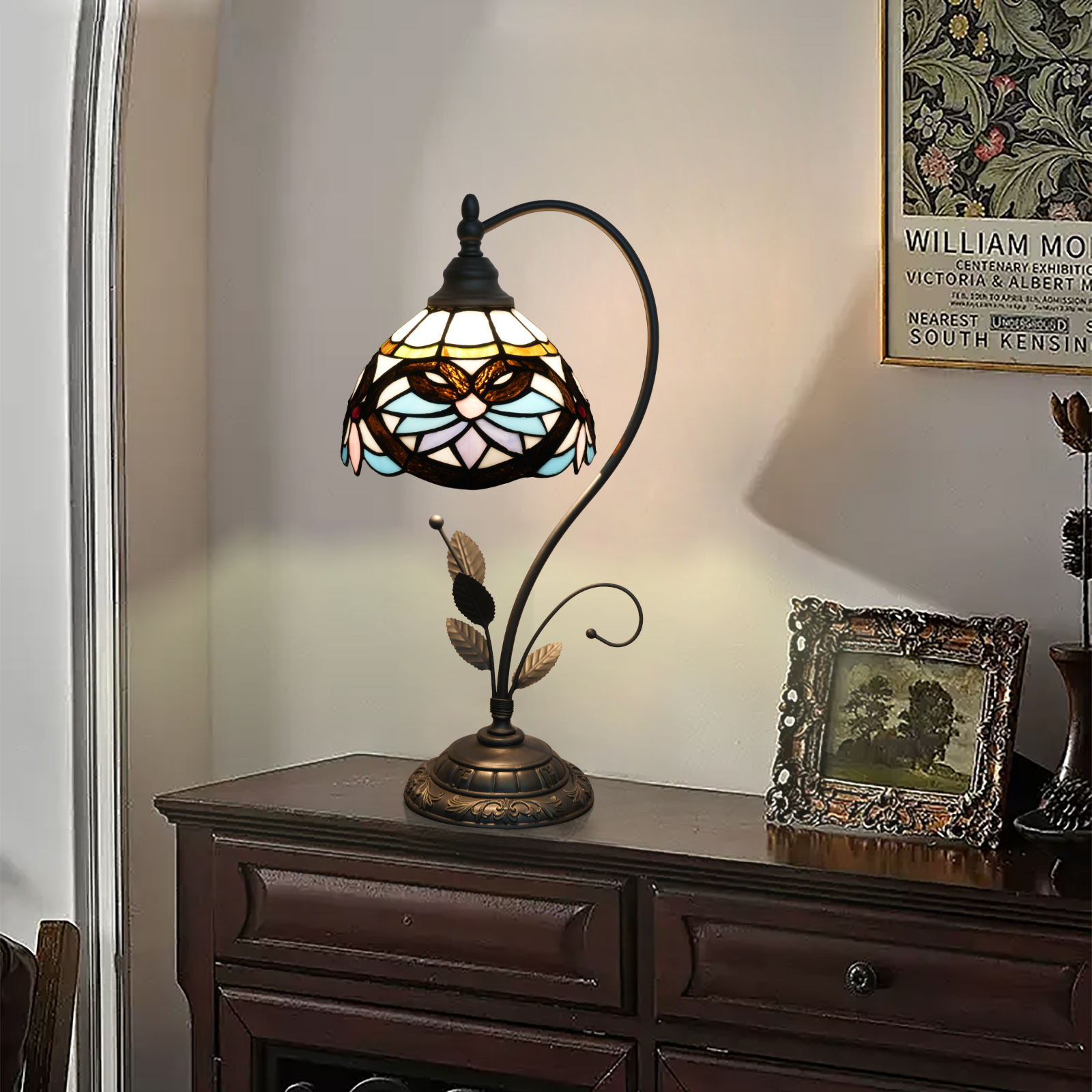 Blivuself Tiffany Table Lamp Stained Glass Lamp Blue Heart 8 Inch Retro Style Bedside Lamp Bedroom Dormitory Study Dining Room And Other Retro Home Decoration Classical Art (OFU1375)