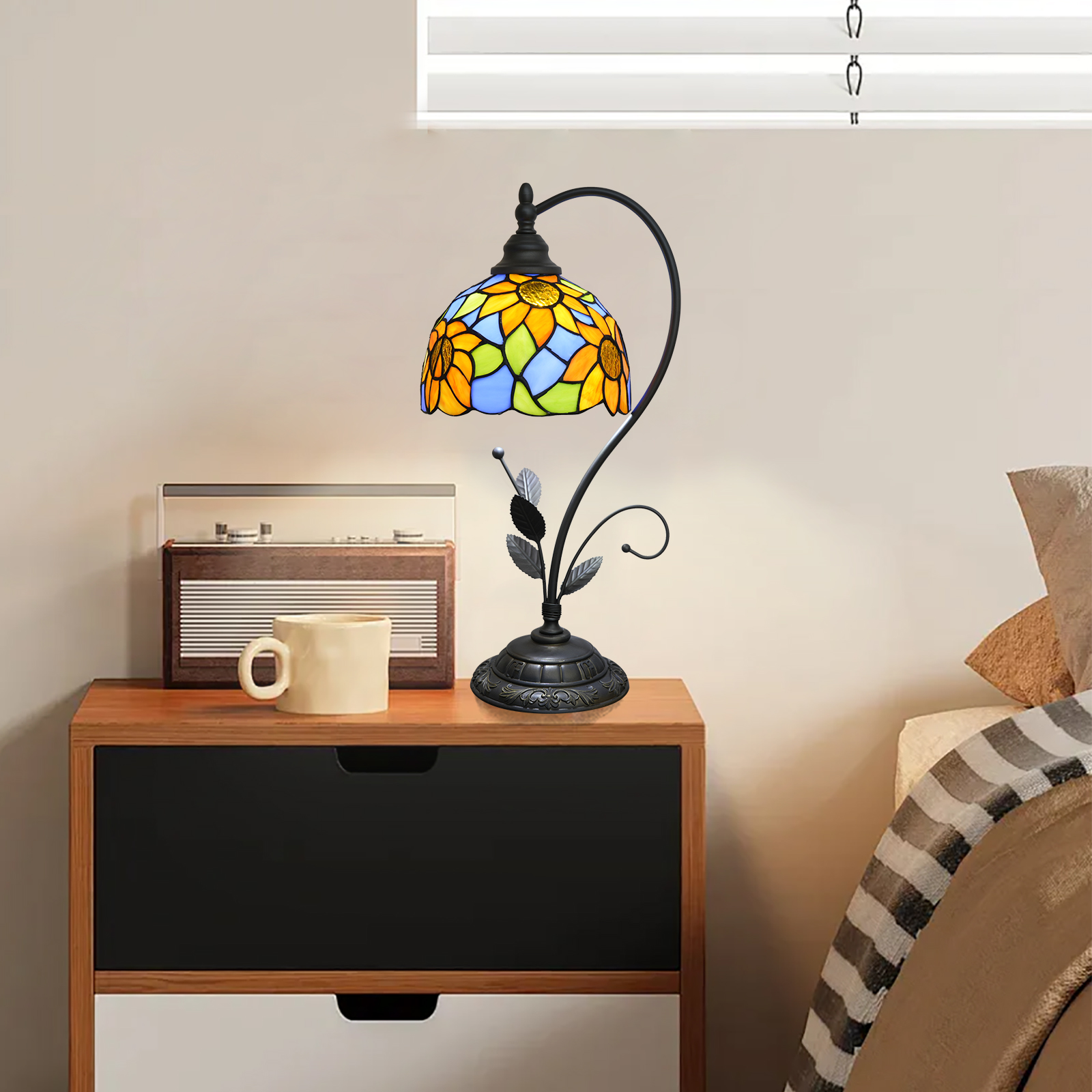 Blivuself Tiffany Lamp Light Blue Stained Glass Sunflower 8 Inch Bedside Lamp Bedroom Dorm Study Restaurant Style Restoring Ancient Ways Such As Retro Decoration Classical Art (OFU1376)