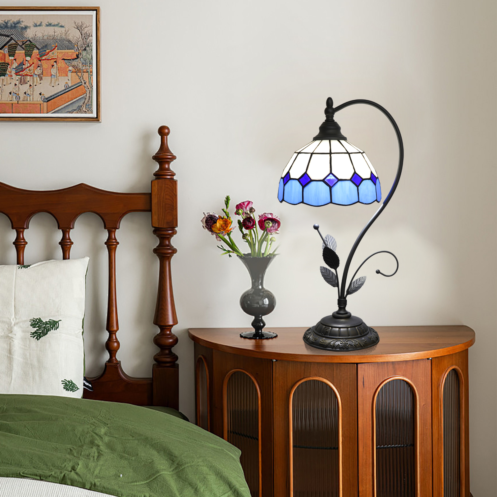 Blivuself Tiffany Table Lamp Stained Glass Lamp Blue And White Lattice 8 Inch Retro Style Bedside Lamp Bedroom Dormitory Study Dining Room And Other Retro Home Decoration Classical Art (OFU1377)