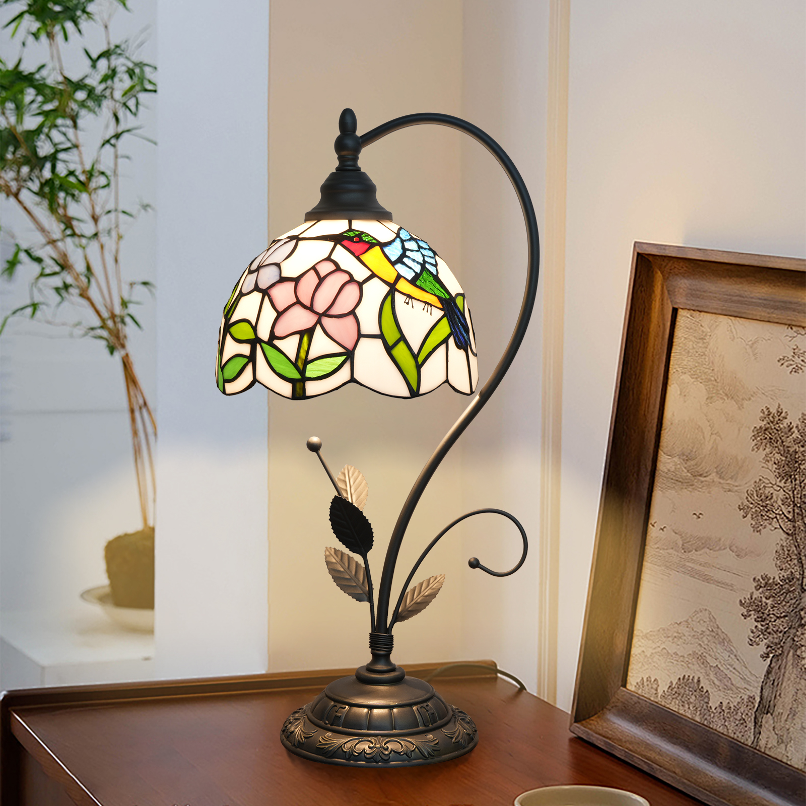Blivuself Tiffany Table Lamp Stained Glass Lamp Blue Hummingbird Two-Color Flower 8 Inch Retro Style Bedside Lamp Bedroom Dormitory Study Dining Room Retro Home Decoration Classical Art (OFU1378)