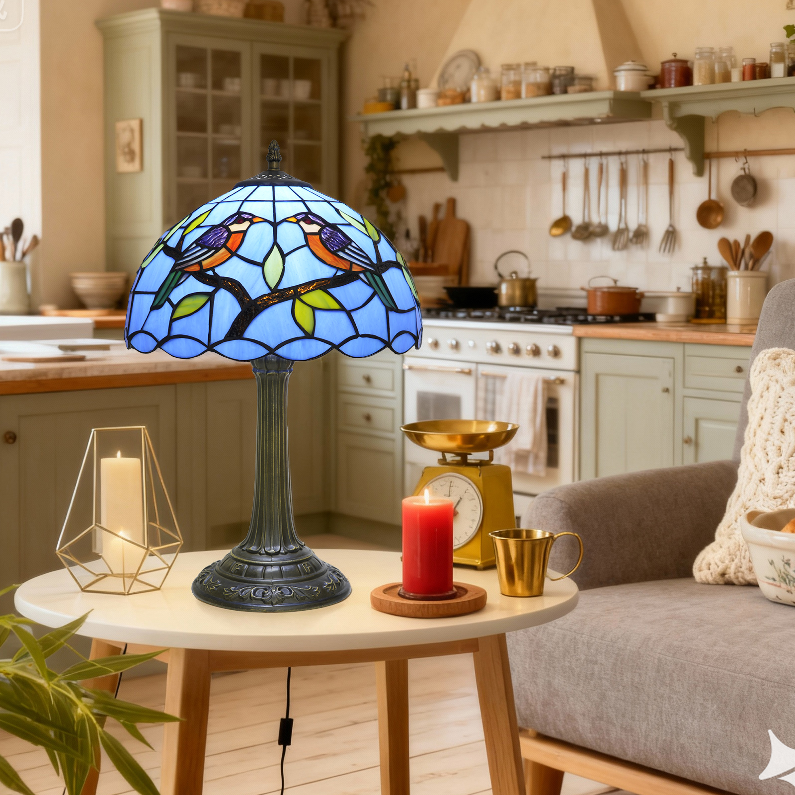 Blivuself Tiffany Style Handmade Creative Stained Glass Table Lamp Blue Double Bird Adapted Table Lamp Chandel Ceiling Lamp And Other Traditional Retro Style Bedside Lamp Home Decoration Classical Art Process OFT1372