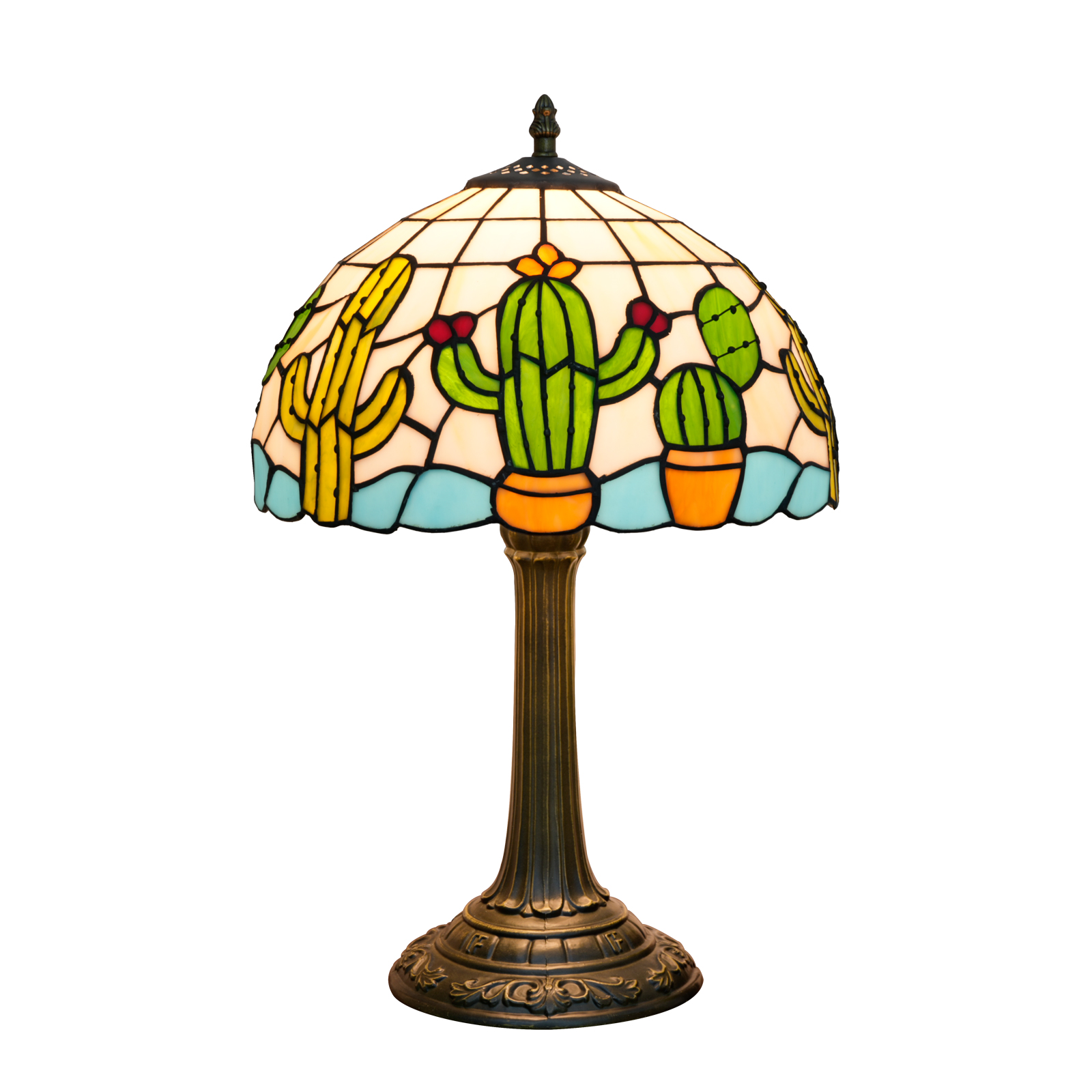 Blivuself Tiffany Style Handmade Creative Stained Glass Table Lamp Tong Interest Cactus Suitable For Bedroom Dormitory Dining Room And Other Traditional Retro Style Bedside Lamp Home Decoration Classical Art Process OFT1373