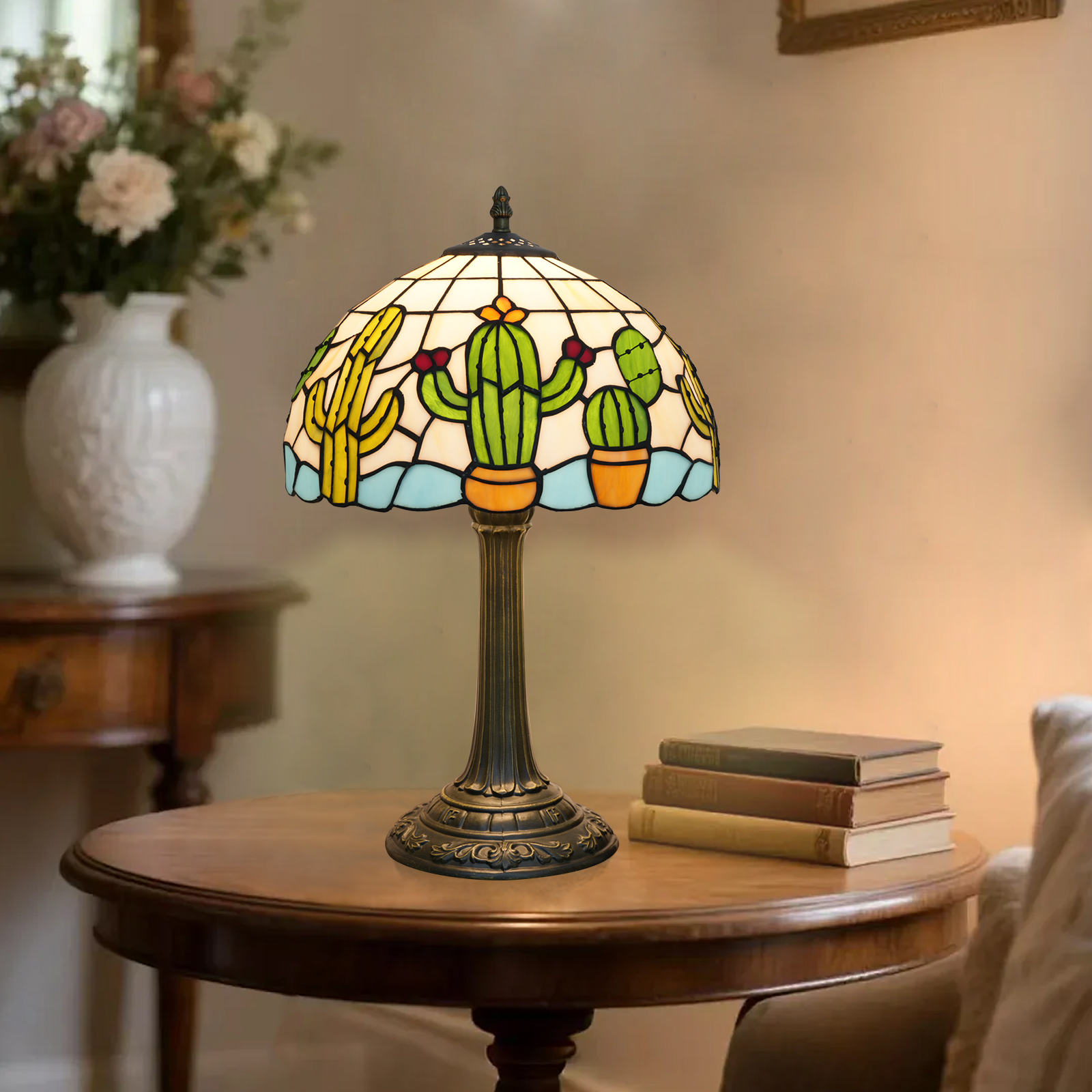 Blivuself Tiffany Style Handmade Creative Stained Glass Table Lamp Tong Interest Cactus Suitable For Bedroom Dormitory Dining Room And Other Traditional Retro Style Bedside Lamp Home Decoration Classical Art Process OFT1373