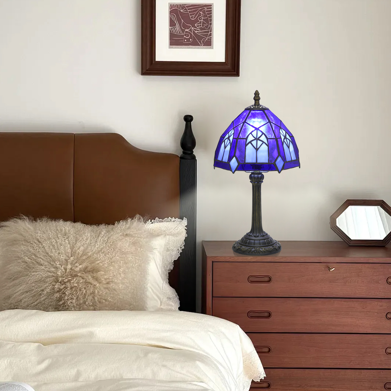 欧琈蒂芙尼风格手工创意彩色玻璃台灯蓝色哥特式适配卧室宿舍餐厅等传统复古风格床头灯家装古典艺术工艺OFU1382