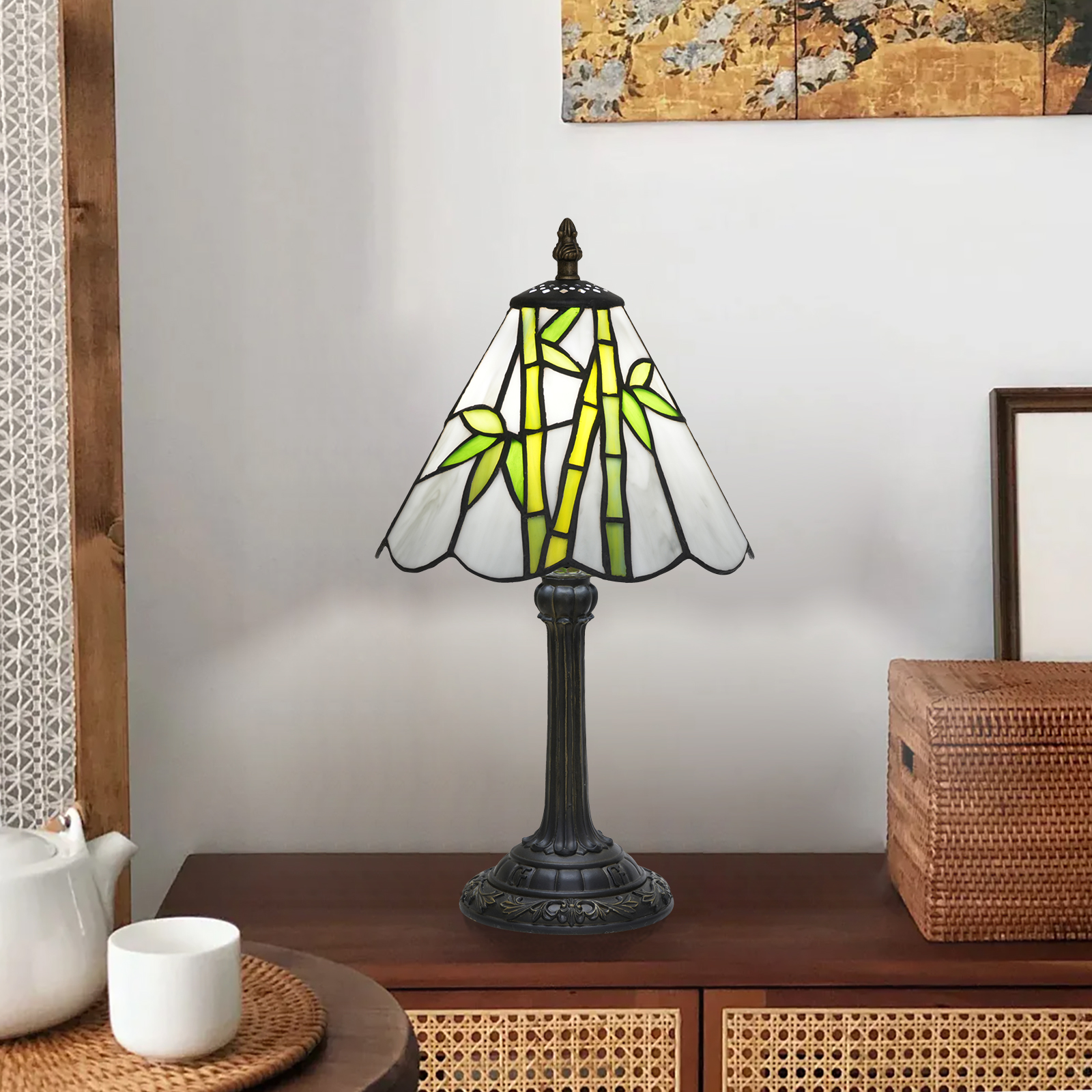 欧琈蒂芙尼风格手工创意彩色玻璃台灯绿色竹子适配卧室宿舍餐厅等传统复古风格床头灯家装古典艺术工艺OFU1383