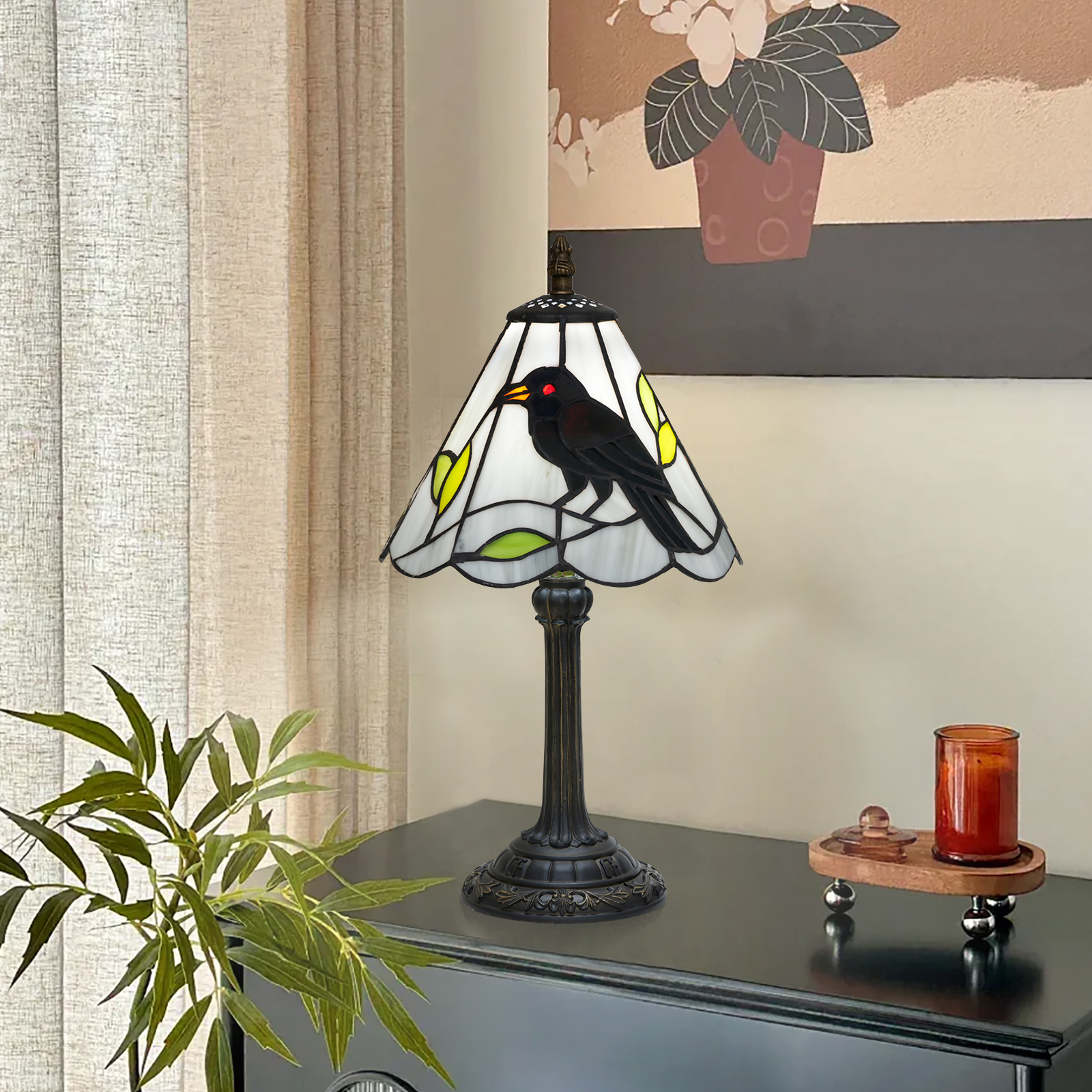 欧琈蒂芙尼风格手工创意彩色玻璃台灯黑鸦改编卧室宿舍餐厅等传统复古风格床头灯家装古典艺术工艺OFU1384