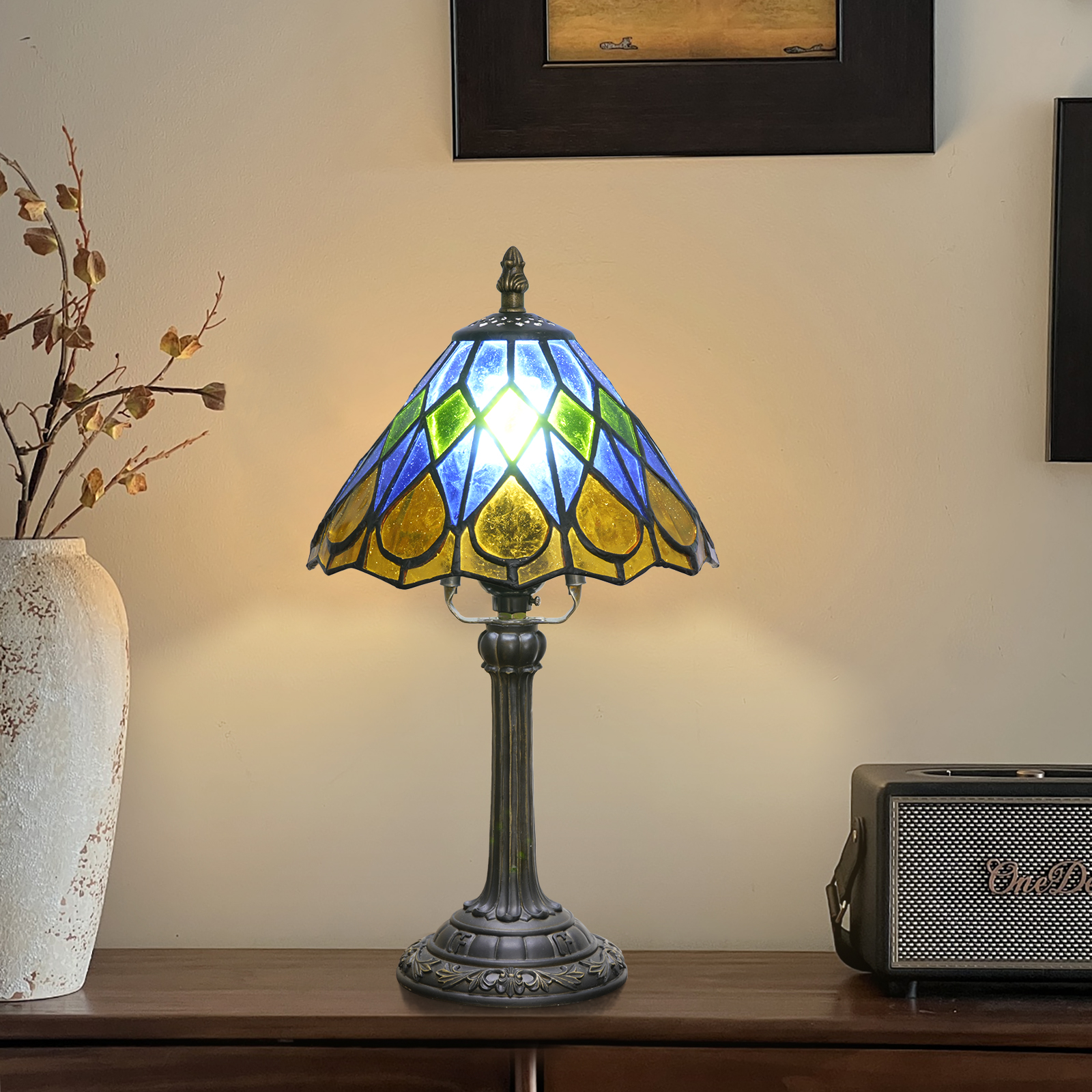 欧琈蒂芙尼风格手工创意彩色玻璃台灯蓝色方形水滴适配卧室宿舍餐厅等传统复古风格床头灯家装古典艺术工艺OFU1386