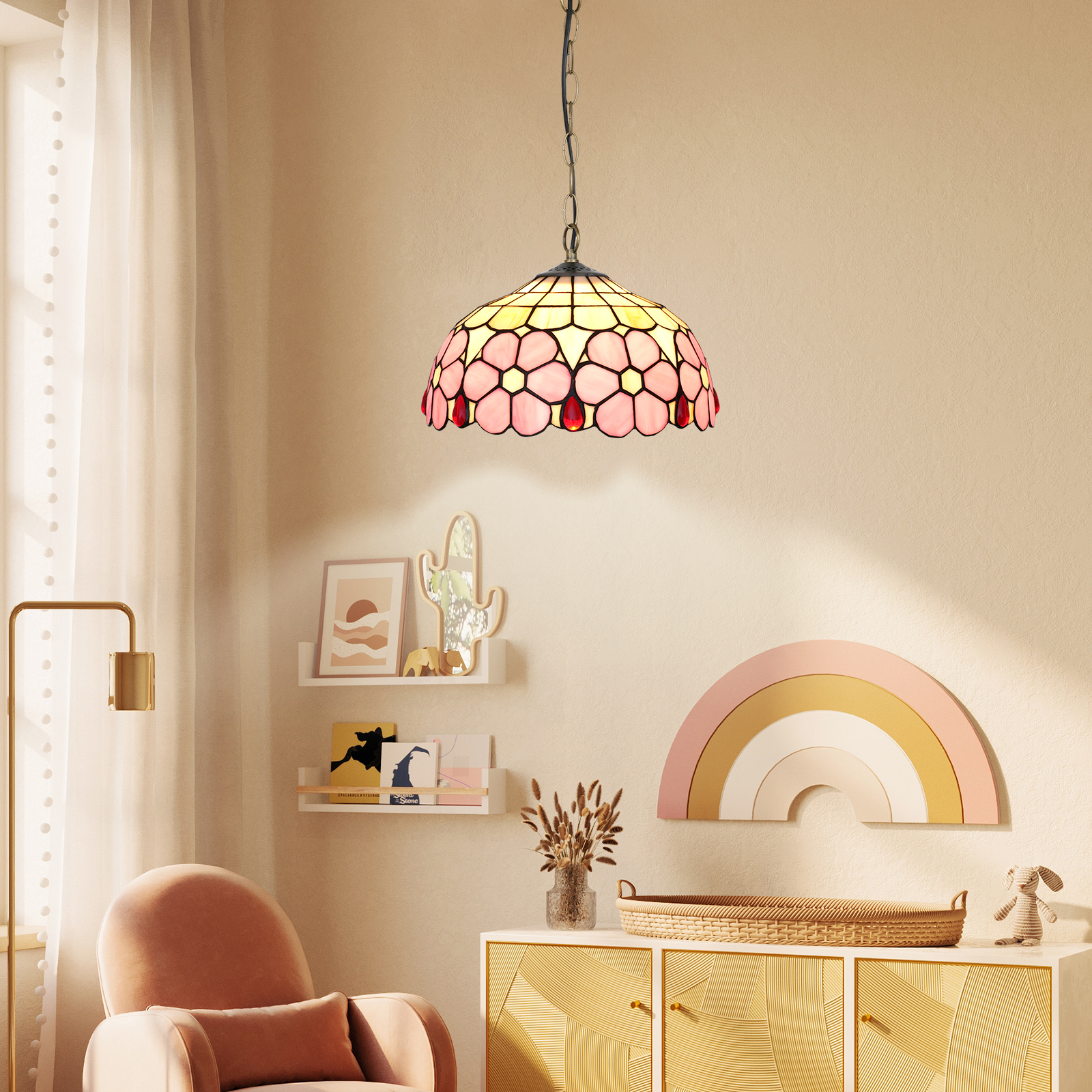 Blivuself Tiffany Style Handmade Creative Stained Glass Chandelier 12 Inches Pink Flowers For Bedroom Dormitory Living Room Dining Room Traditional Retro Style Home Decoration Classical Art OFP1377