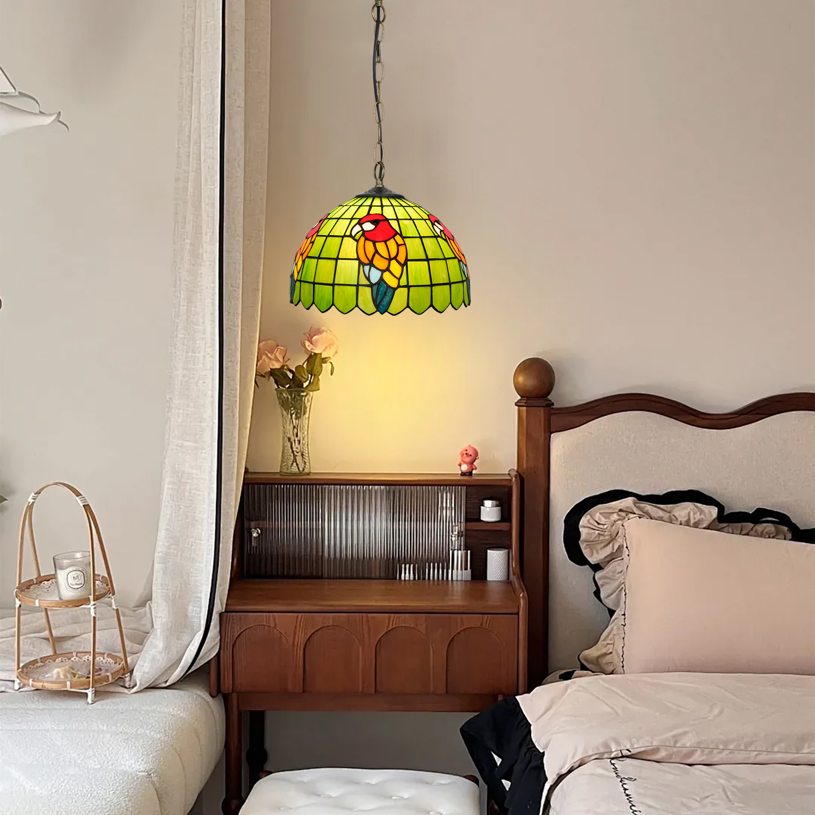 Blivuself Tiffany Style Handmade Creative Stained Glass Chandelier 12 Inch Green Bottom Parrot Adapted To The Bedroom Dormitory Living Room Dining Room Traditional Retro Style Home Decoration Classical Art OFP1369