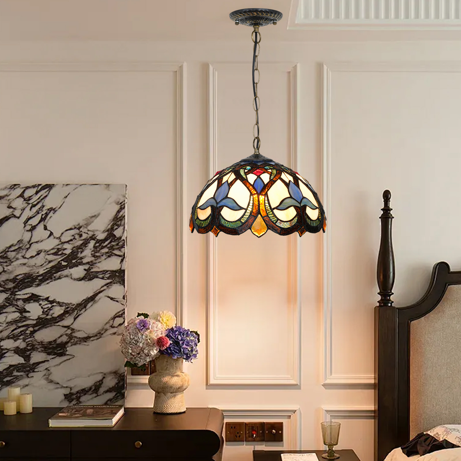 Blivuself Tiffany Style Handmade Creative Stained Glass Chandelier 12 Inch Blue Peach Iris Suitable For Bedroom Dormitory Living Room Dining Room Traditional Retro Style Home Decoration Classical Art OFP1370