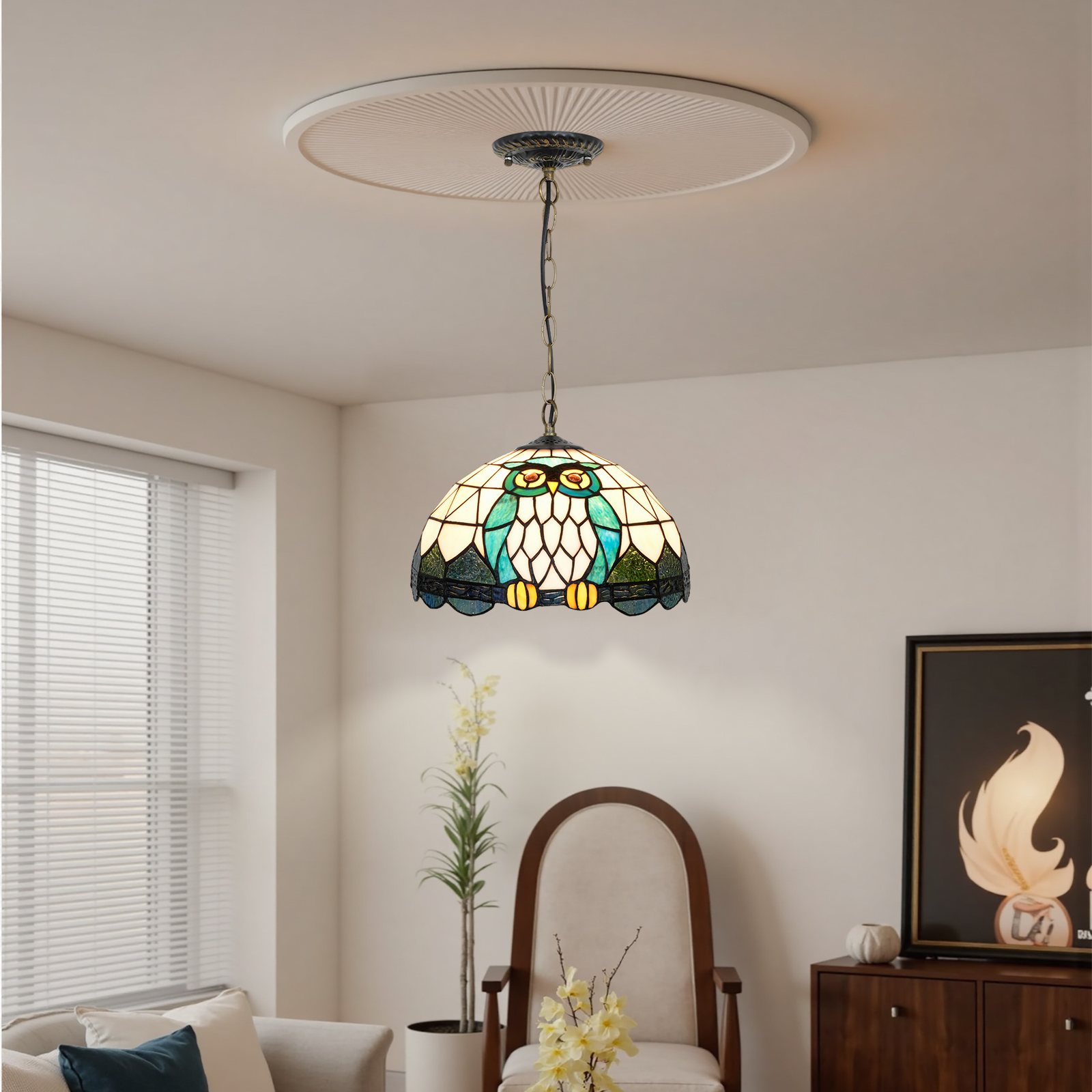 Blivuself Tiffany Style Handmade Creative Stained Glass Chandelier 12 Inch Owl Adapted To Bedroom Dormitory Living Room Dining Room Traditional Retro Style Home Decoration Classical Art OFP1371