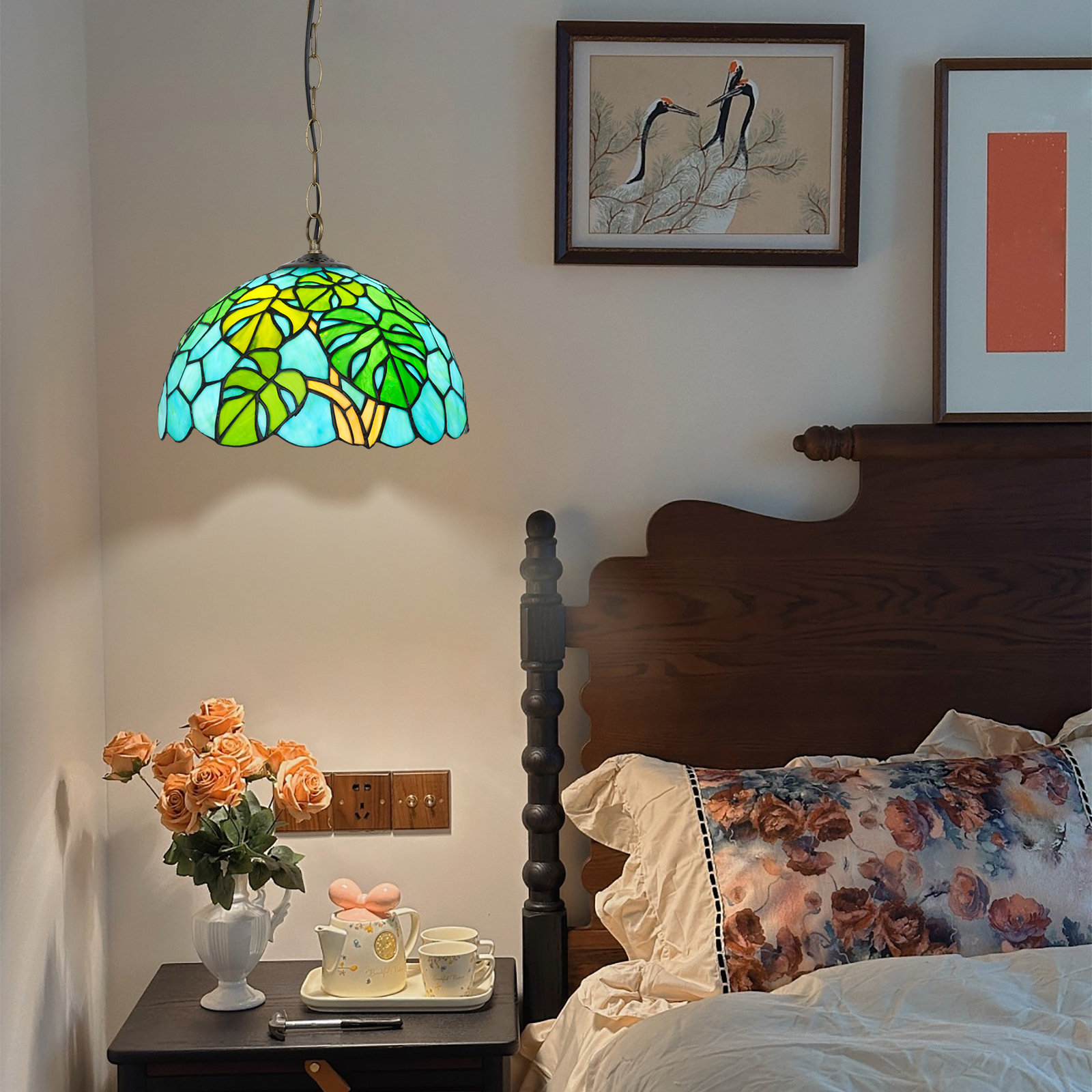 Blivuself Tiffany Style Handmade Creative Stained Glass Chandelier 12 Inch Green Turtle Back Bamboo Adapted To The Bedroom Dormitory Living Room Dining Room Traditional Retro Style Home Decoration Classical Art  OFP1372