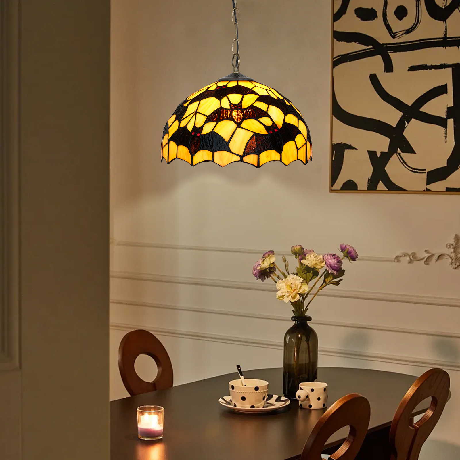 Blivuself Tiffany Style Handmade Creative Stained Glass Chandelery 12 Inch Yellow Bottom Bat Adapted To The Bedroom Dormitory Living Room Dining Room Traditional Retro Style Home Decoration Classical Art OFP1373