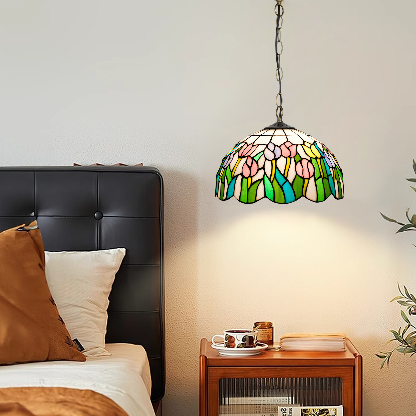 Blivuself Tiffany Style Handmade Creative Stained Glass Chandelier 12 Inch Tulip Adapted To Bedroom Dormitory Living Room Dining Room Traditional Retro Style Home Decoration Classical Art OFP1374