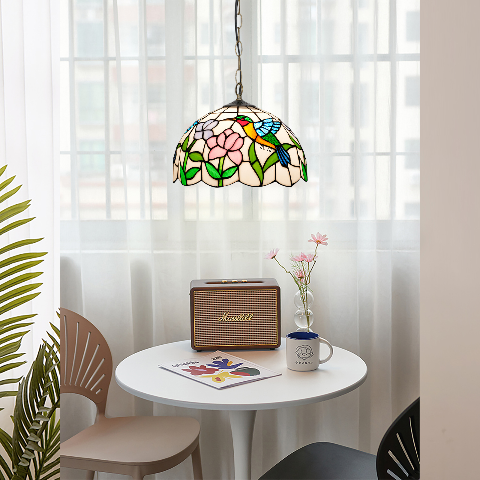 Blivuself Tiffany Style Handmade Creative Stained Glass Chandelier 12 Inch Blue Hummingbird Adapted To Bedroom Dormitory Living Room Dining Room Traditional Retro Style Home Decoration Classical Art OFP1375