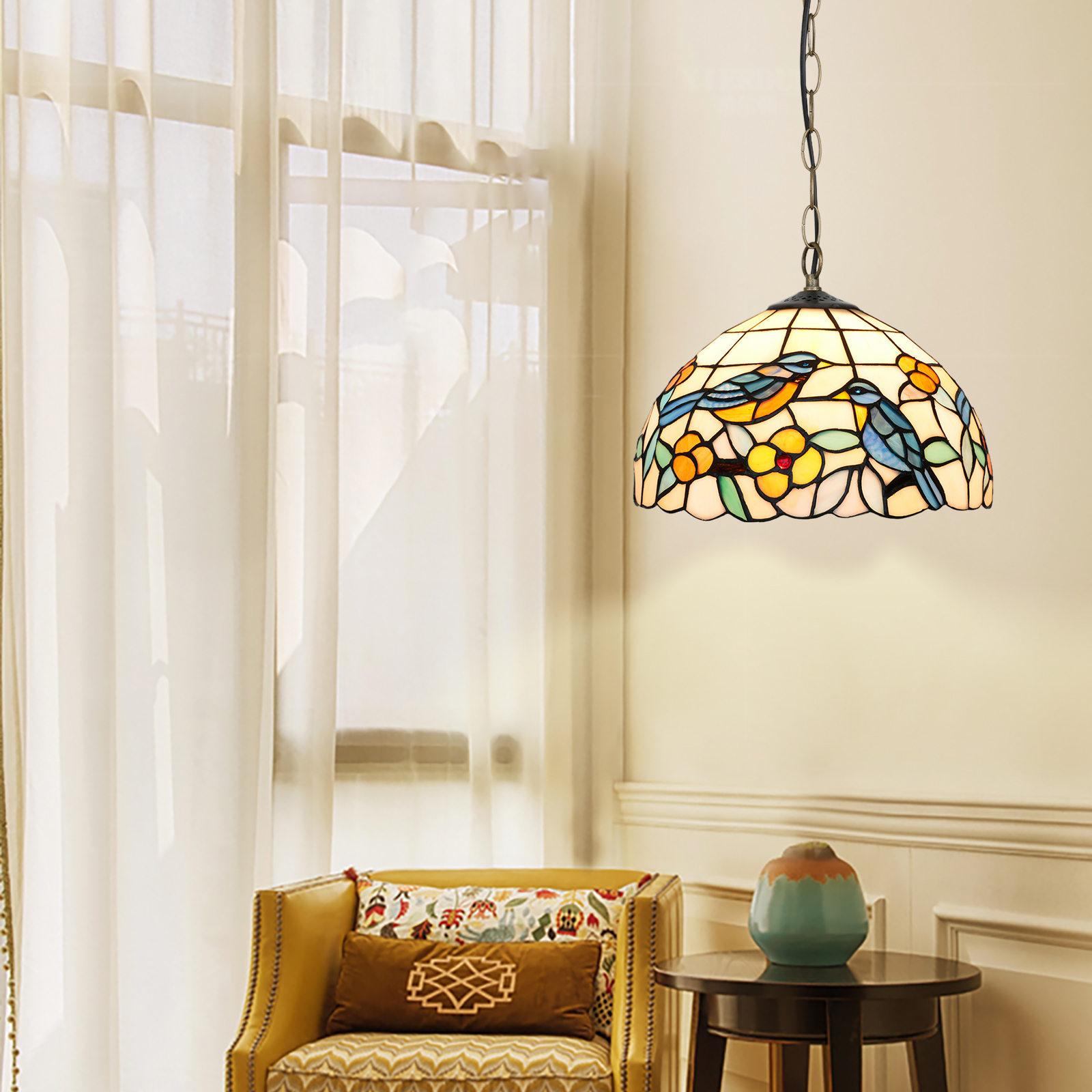 Blivuself Tiffany Style Handmade Creative Stained Glass Chandelier Robin Fit Bedroom Dormitory Living Room Dining Room Traditional Retro Style Home Decoration Classical Art Craft OFP1376