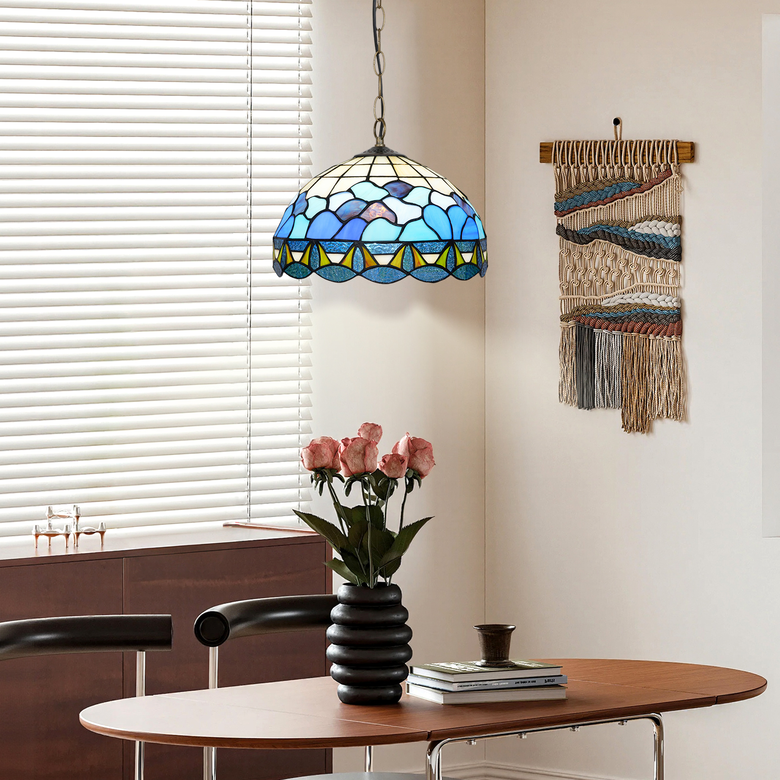 Blivuself Tiffany Style Handmade Creative Stained Glass Chandelier Blue White Spray Adapted To Bedroom Dormitory Living Room Dining Room Traditional Retro Style Home Decoration Classical Art OFP1379