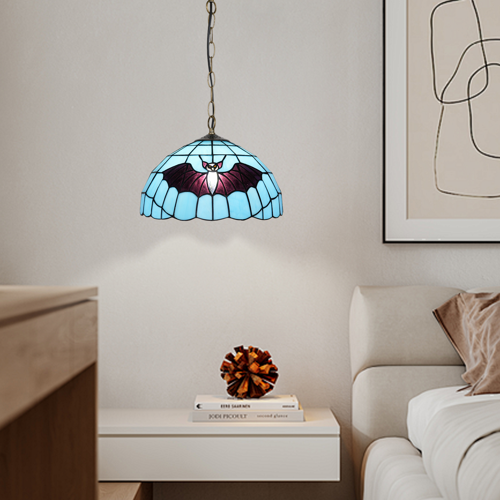 Blivuself Tiffany Style Handmade Creative Stained Glass Chandelier Blue Bat Adaptation Bedroom Dormitory Living Room Dining Room Traditional Retro Style Home Decoration Classical Art OFP1380
