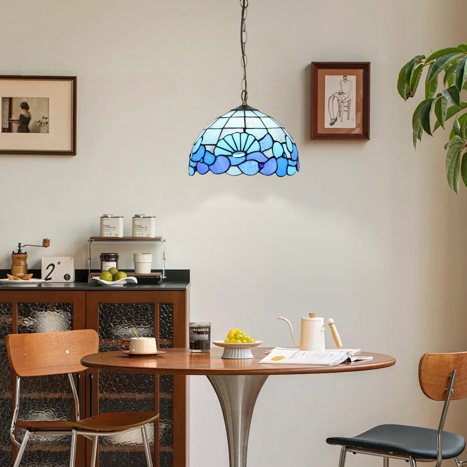 Blivuself Tiffany Style Handmade Creative Stained Glass Chandelier Blue Bottom Seawall Bedroom Dormitory Living Room Dining Room Traditional Retro Style Home Decoration Classical Art OFP1381