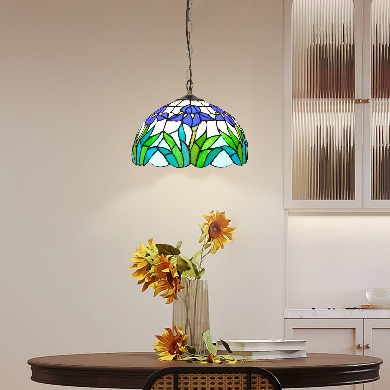Blivuself Tiffany Style Handmade Creative Stained Glass Chandelier Blue Iris Adapted Bedroom Dormitory Living Room Dining Room Traditional Retro Style Home Decoration Classical Art OFP1382