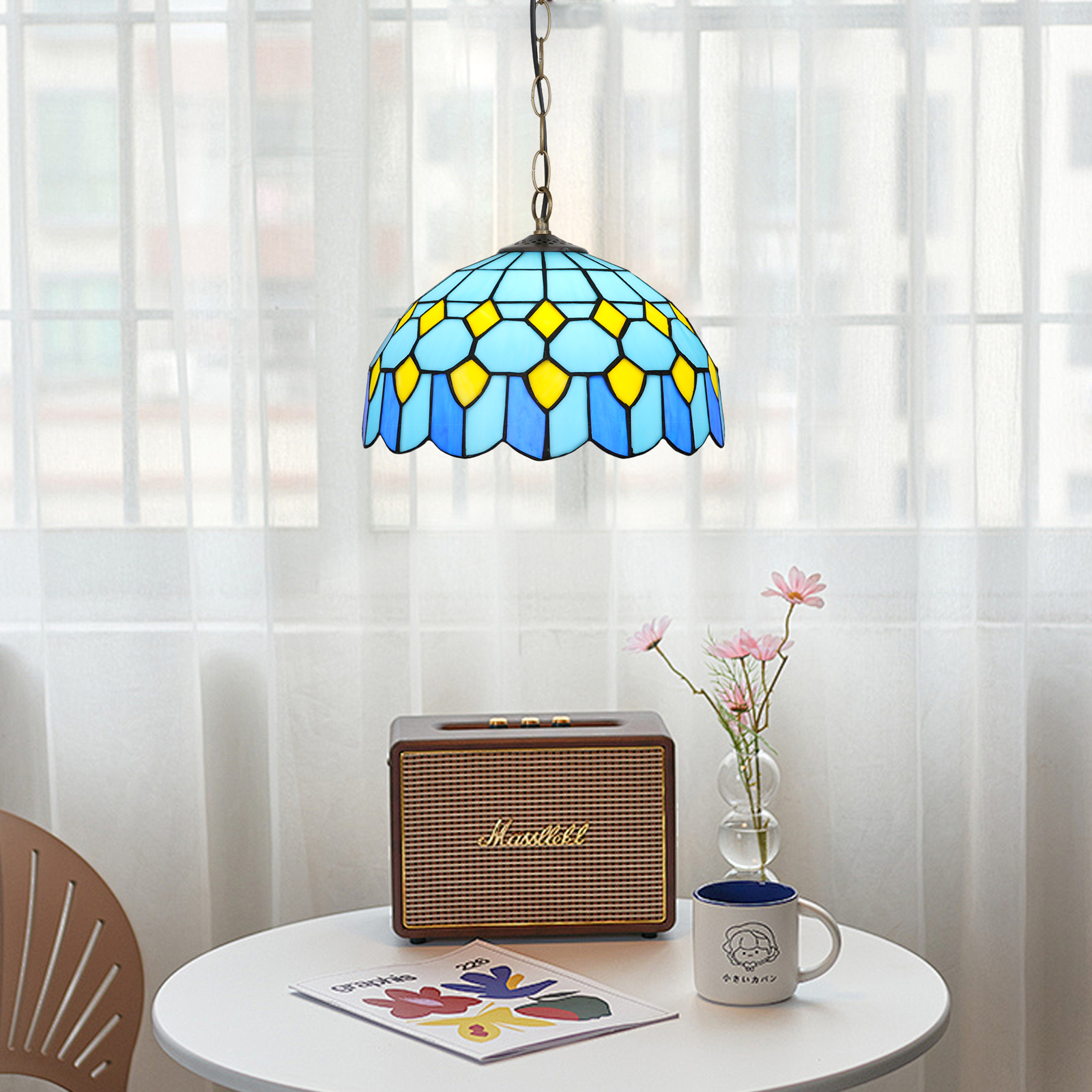 Blivuself Tiffany Style Handmade Creative Stained Glass Chandelier Blue Square Bedroom Dormitory Living Room Dining Room Traditional Retro Style Home Decoration Classical Art OFP1383