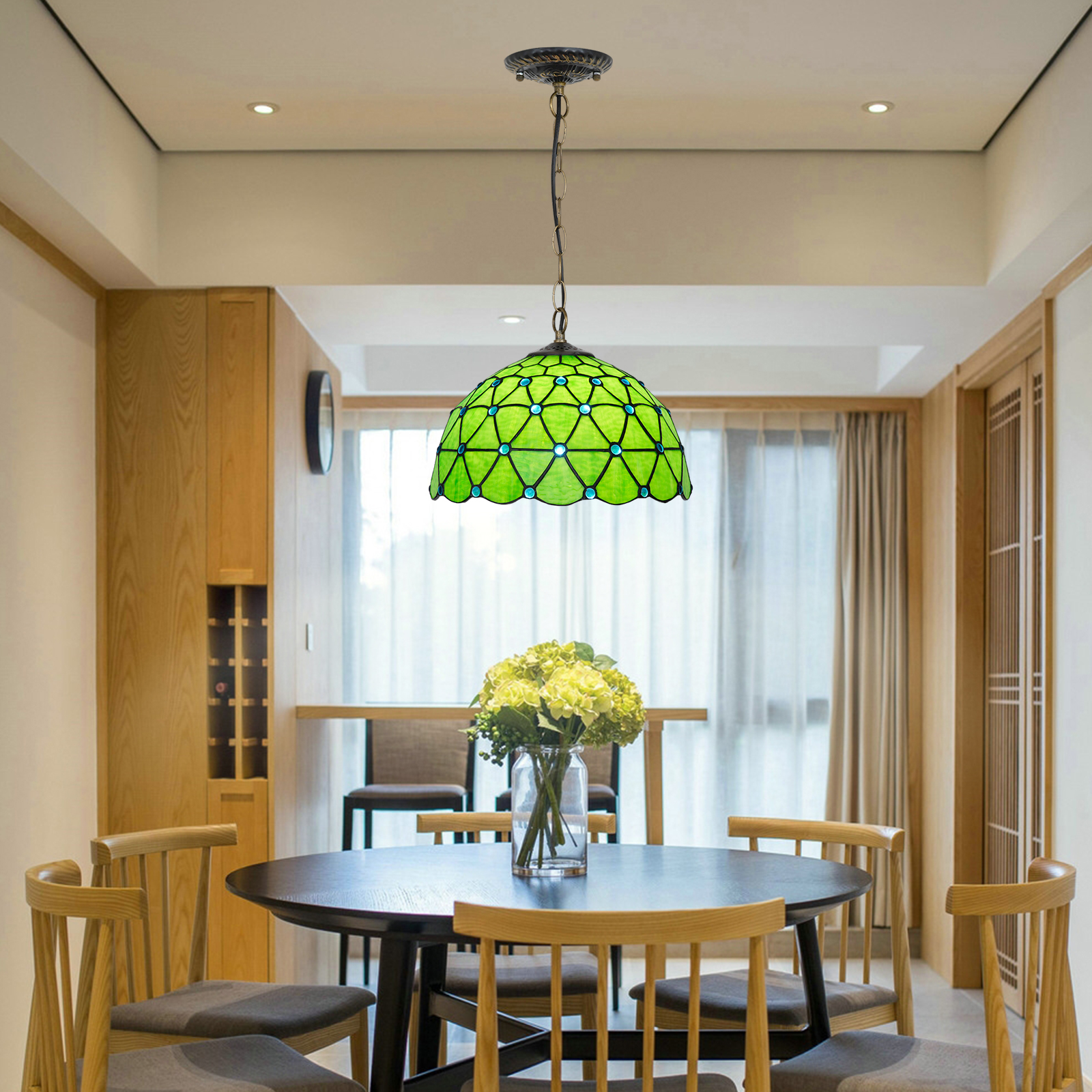Blivuself Tiffany Style Handmade Creative Stained Glass Chandelier Green Bottom Blue Beads Adapted Bedroom Dormitory Living Room Dining Room Traditional Retro Style Home Decoration Classical Art OFP1385