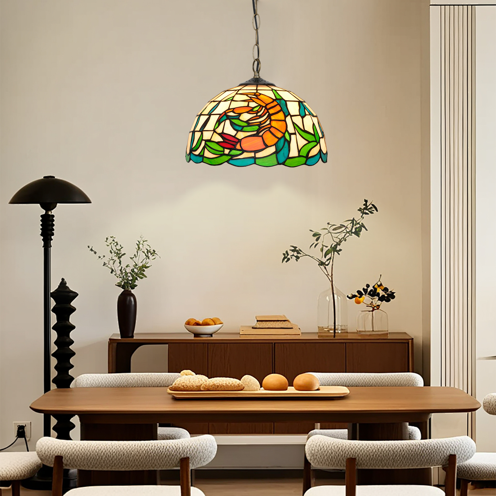 Blivuself Tiffany Style Handmade Creative Stained Glass Chandelier Orange Shrimp Adapted Bedroom Dormitory Living Room Dining Room Traditional Retro Style Home Decoration Classical Art  OFP1387