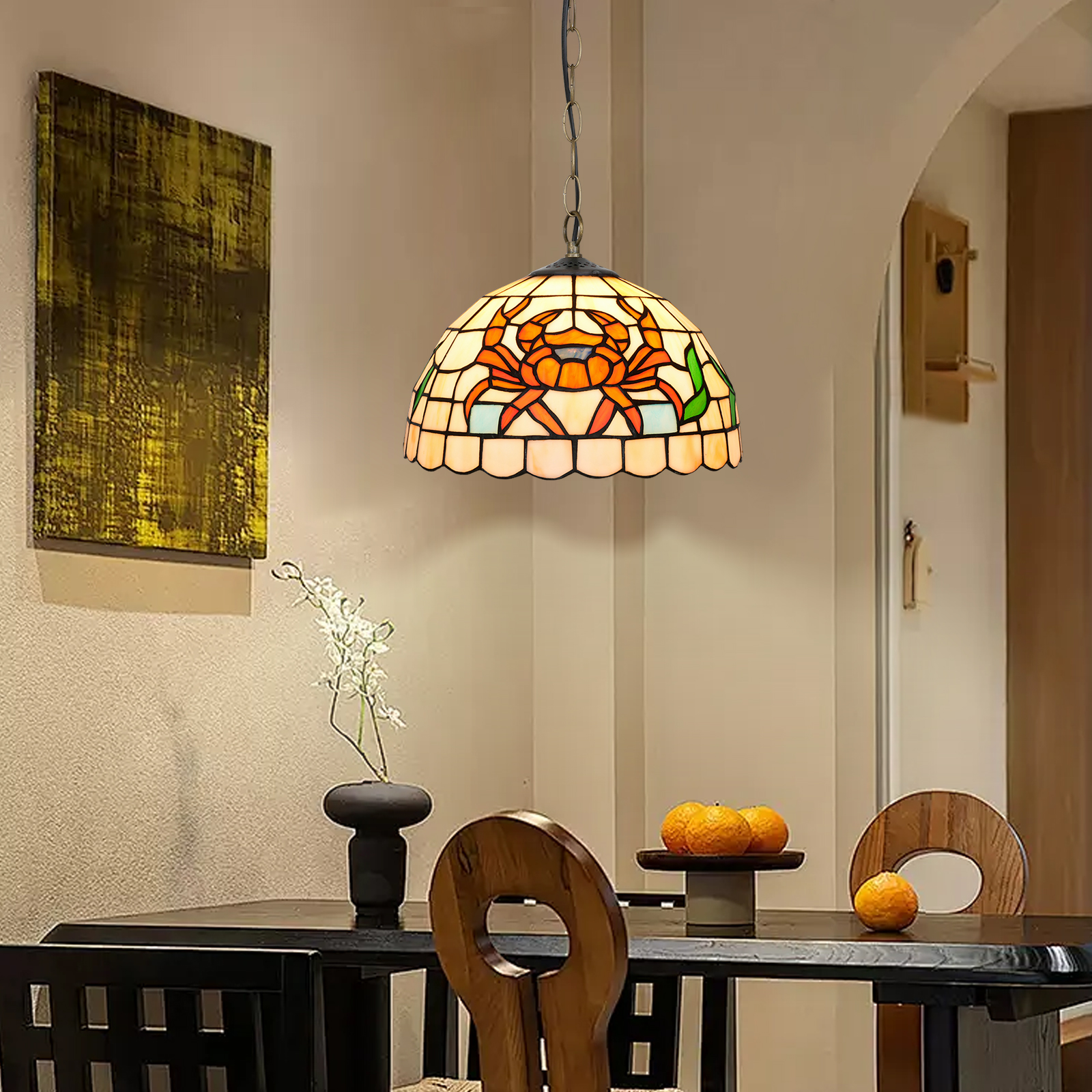 Blivuself Tiffany Style Handmade Creative Stained Glass Chandelier Orange Crab Adapted Bedroom Dormitory Living Room Dining Room Traditional Retro Style Home Decoration Classical Art Craft OFP1388
