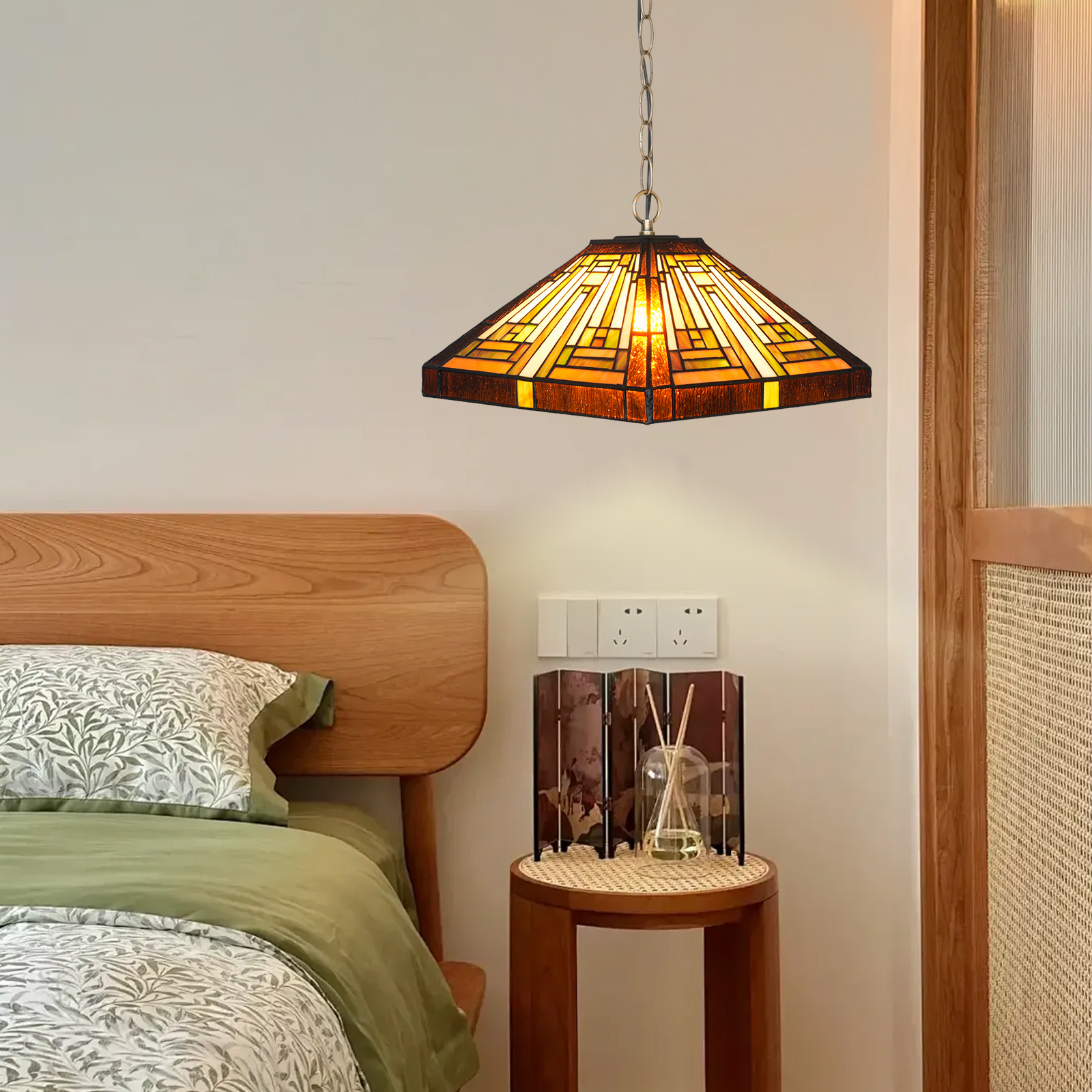 Blivuself Tiffany Style Handmade Creative Stained Glass Chandelier 16 Inch American Square Lamp Bedroom Dormitory Living Room Dining Room Traditional Retro Style Home Decoration Classical Art OFP1404