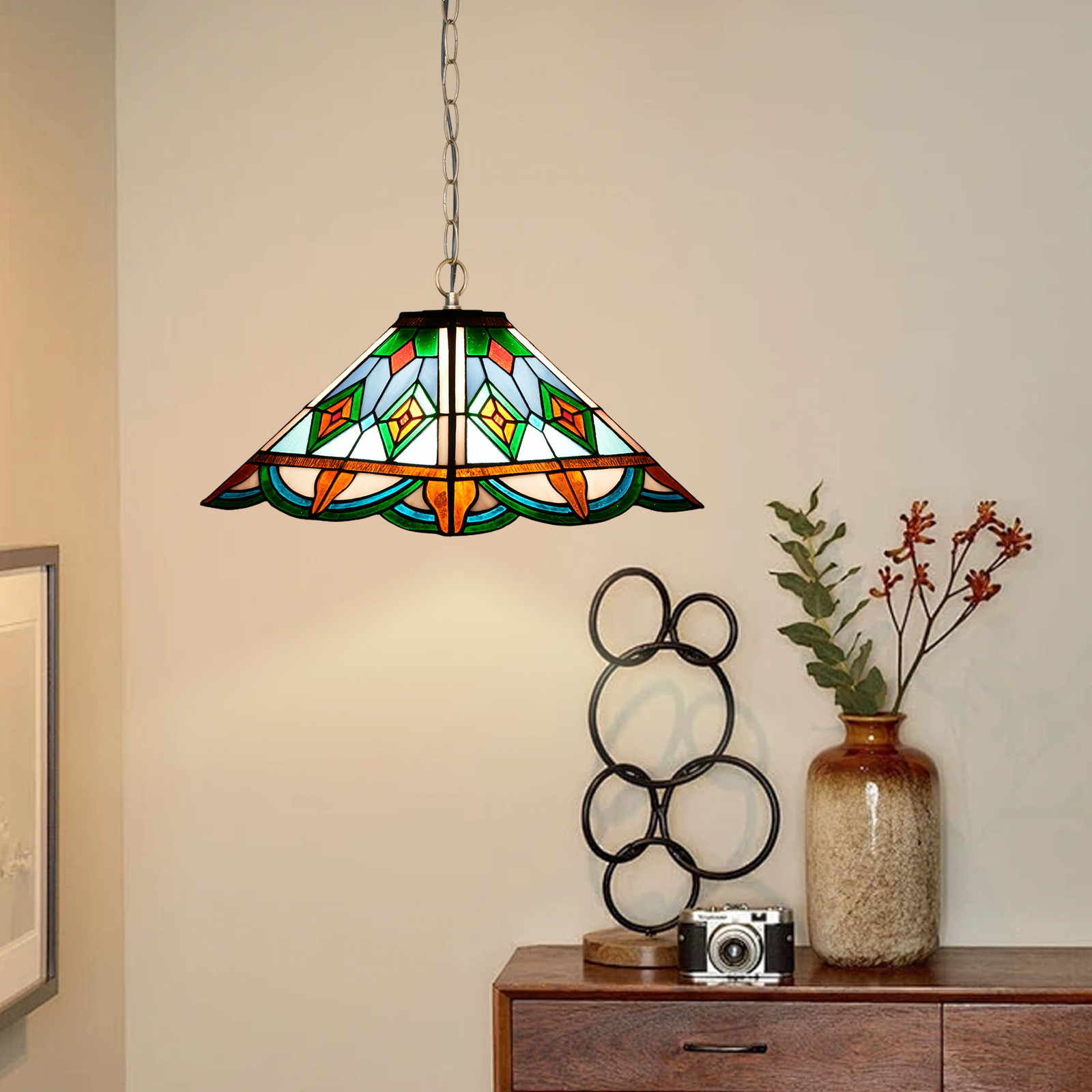 Blivuself Tiffany Style Handmade Creative Stained Glass Chandelier 16 Inches Green Peacock Back Shaped Square Lamp Suitable For Bedroom Dormitory Living Room Dining Room Traditional Retro Style Home Decoration Classical Art OFP1405