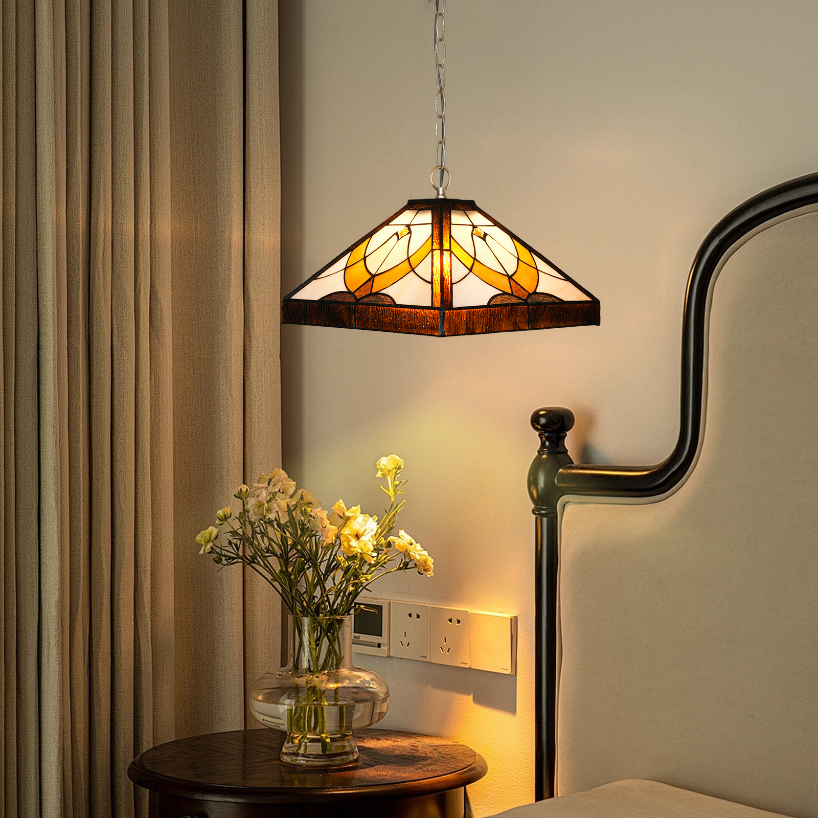 Blivuself Tiffany Style Handmade Creative Stained Glass Chandelier 16 Inch Brown Square Lamp Suitable For Bedroom Dormitory Living Room Dining Room Traditional Retro Style Home Decoration Classical Art OFP1406
