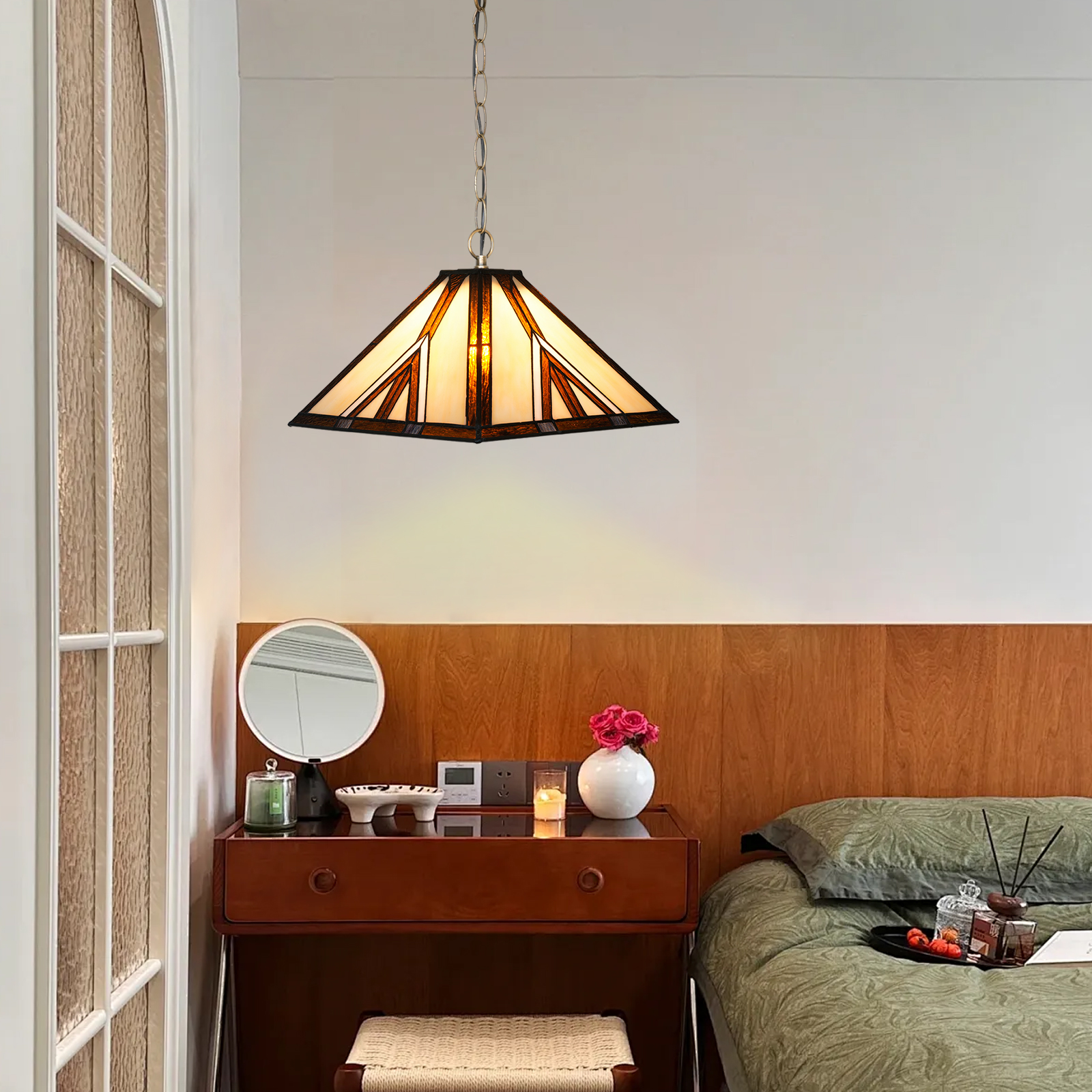 Blivuself Tiffany Style Handmade Creative Stained Glass Chandelier 16 Inches Brown Triangle Square Lamp Bedroom Dormitory Living Room Dining Room Traditional Retro Style Home Decoration Classical Art OFP1409